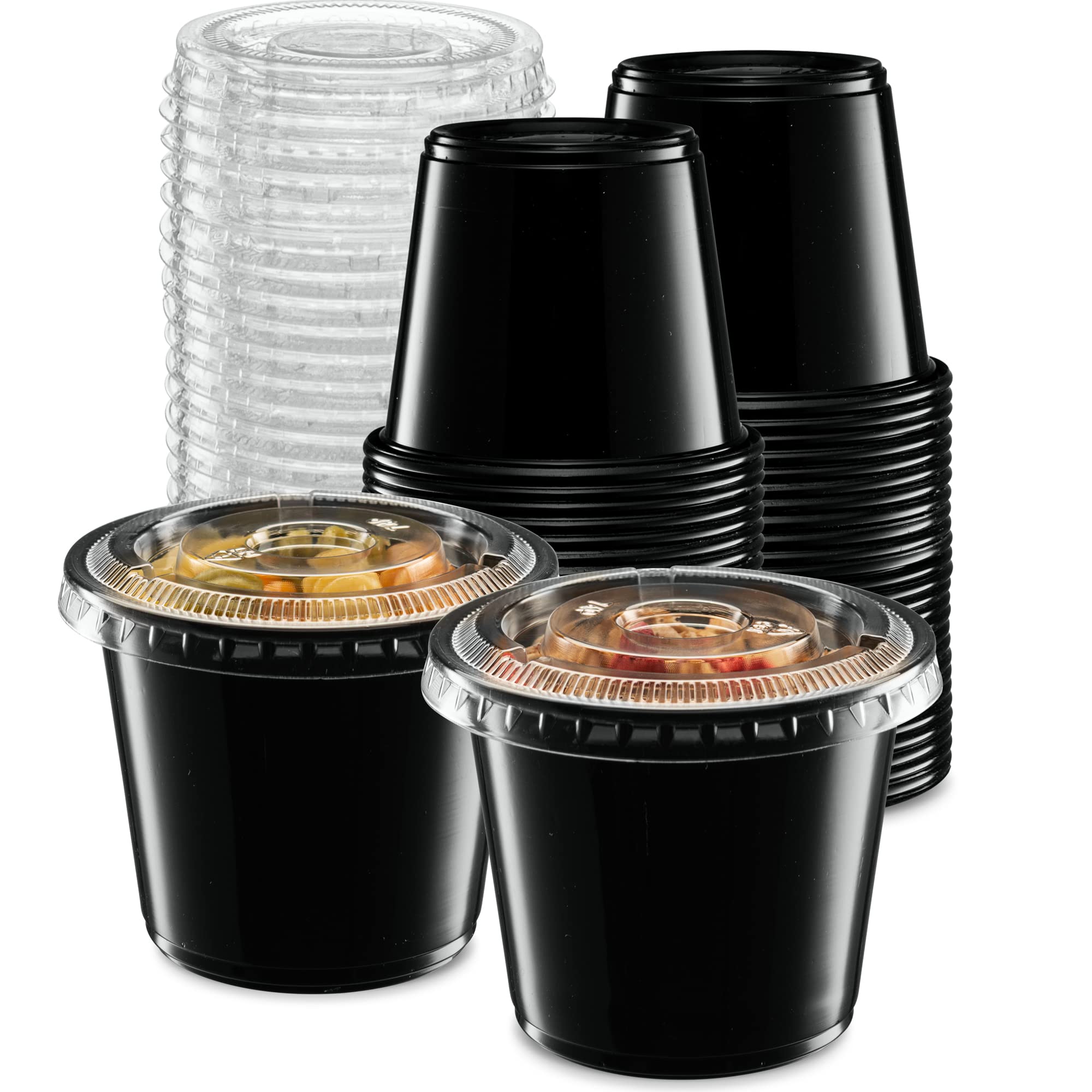 (5 oz - 100 Sets) Black Diposable Plastic Portion Cups With Lids, Small Mini Containers For Portion Controll, Jello Shots, Meal 