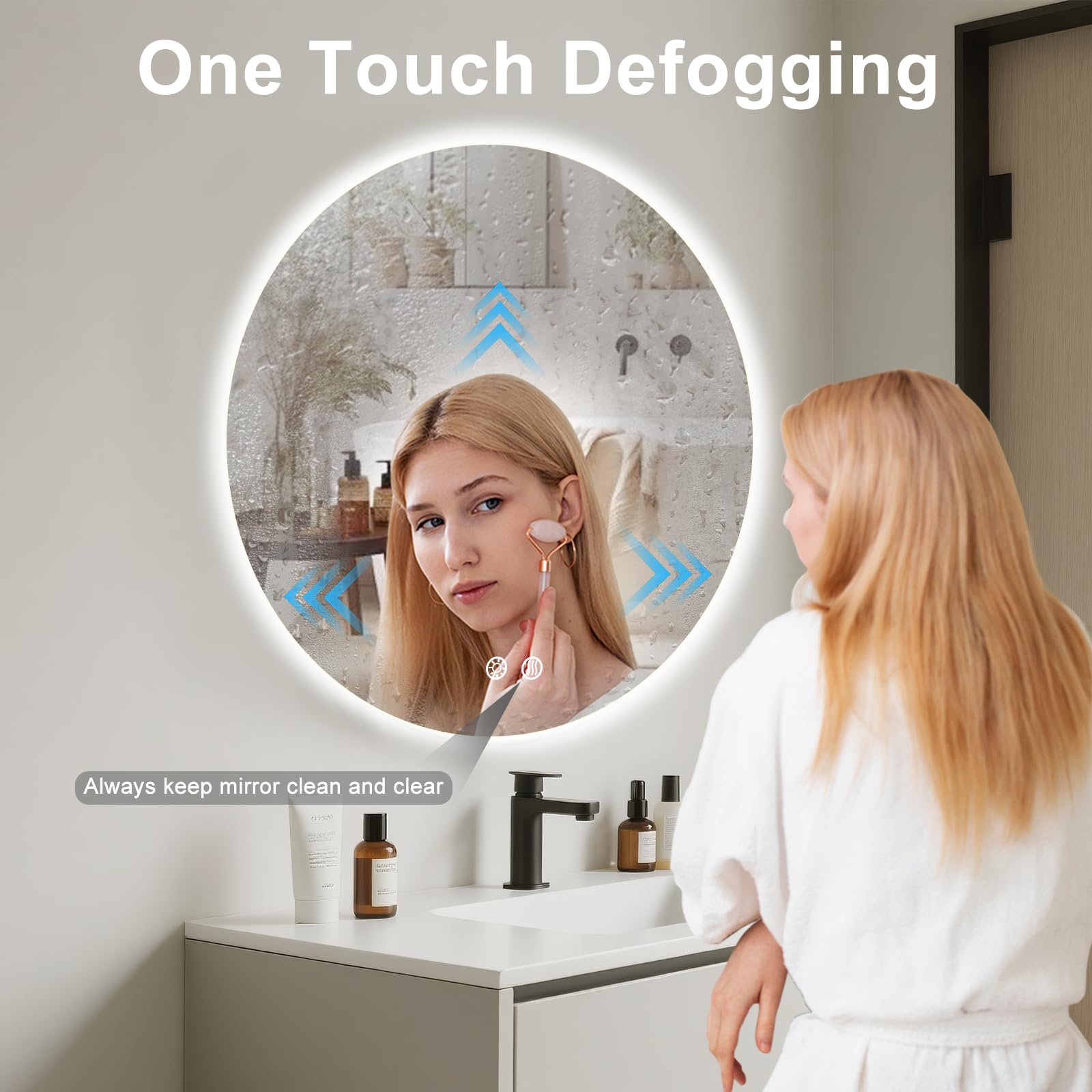 BuLife 32 Inch Round LED Bathroom Mirror Backlit Anti-Fog Wall Mounted Lighted Bathroom Vanity Mirror 3 Colors Light Dimmable Sm