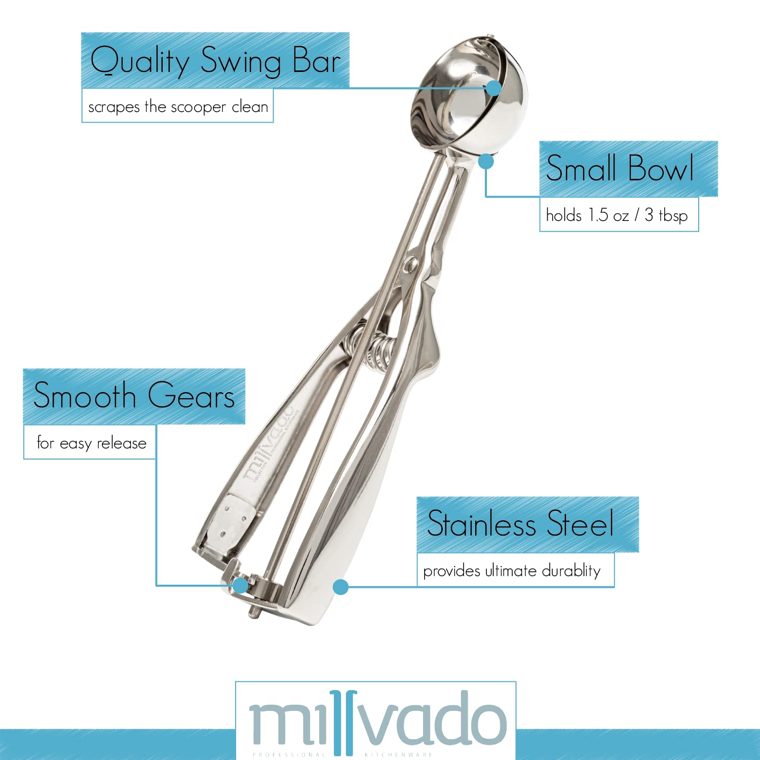 Millvado Stainless Steel Ice Cream And Cookie Scoop | Spring Loaded Lever Design, For Sorbet, Melon, Meatballs, Muffins, And Mor