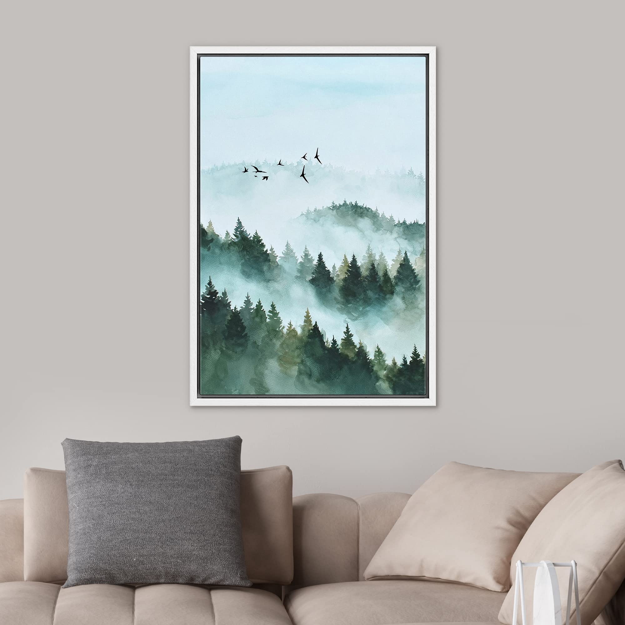 Signwin Framed Canvas Print Wall Art Woodland Nursery Decor Mist & Fog Bird Sky Pastel Tree Forest Nature Modern Art Decorative