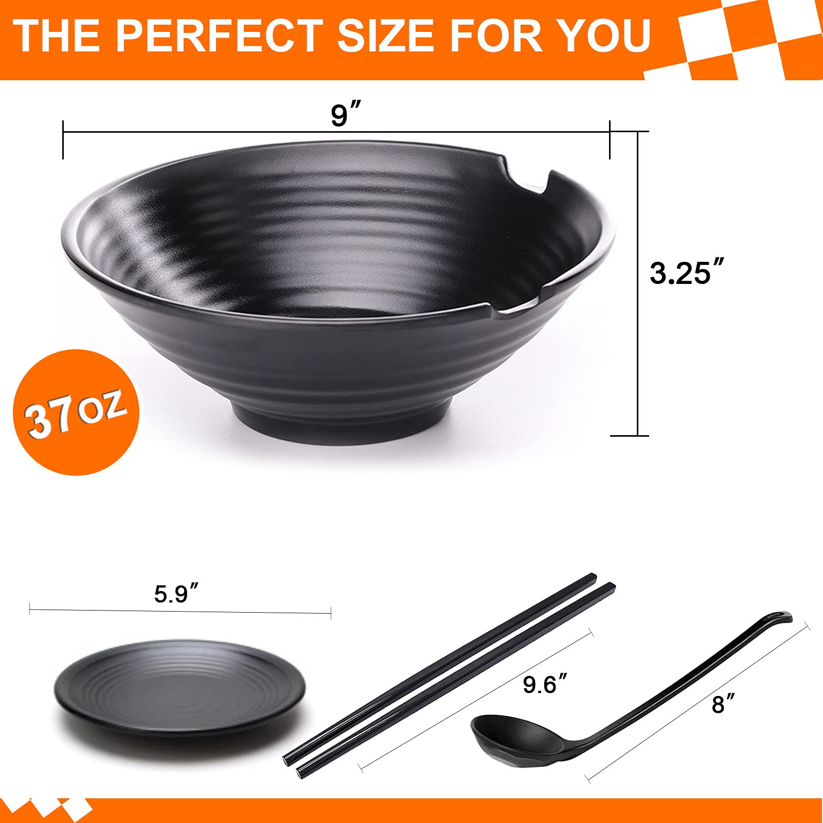 Vivimee Unbreakable Japanese Style Ramen Bowl Set Of 2, 37Oz Black Large Matte Melamine Bowls And Spoons Set With Chopsticks & S
