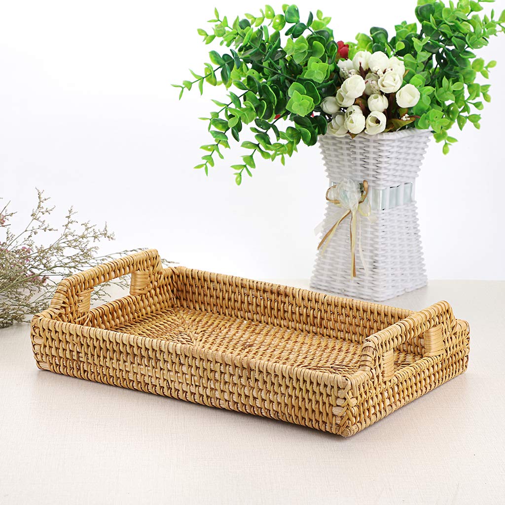 Hipiwe Rattan Serving Tray With Handles - Hand-Woven Decorative Tray For Storage Breakfast, Drinks, Snack,Rectangular Basket Org