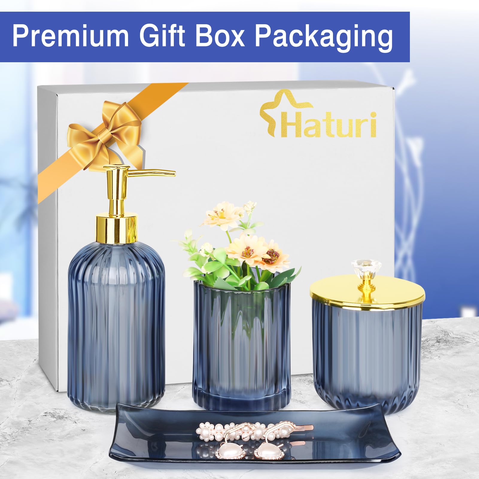 Haturi Bathroom Accessories Set, 4 Pcs Blue Glass Bathroom Accessories Sets Complete W/Lotion Soap Dispenser, Toothbrush Holder,