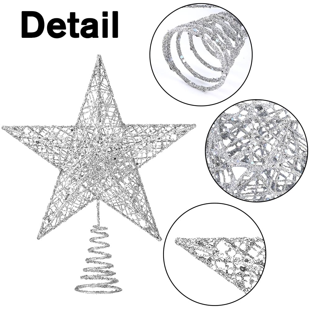 Christmas Tree Toppers Xmas Glitter Silver Hollow Star Treetop Topper for Christmas Tree Decoration