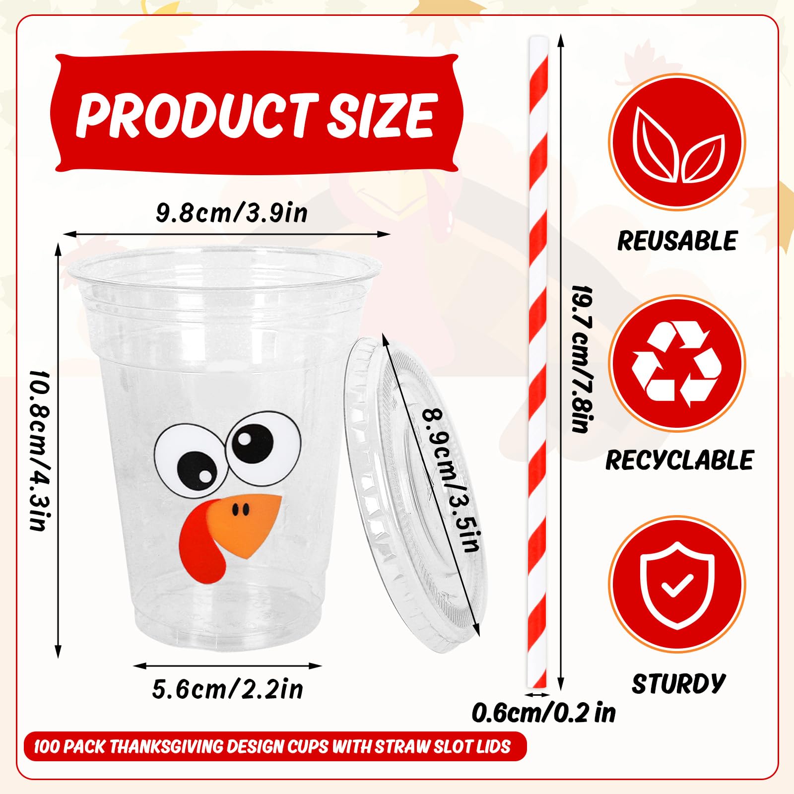 FYSUIMU 100Pcs 12Oz Fall Thanksgiving Plastic Cups with Lids and Straws Funny Cartoon Turkey Expression Cold Beverage Drinking C