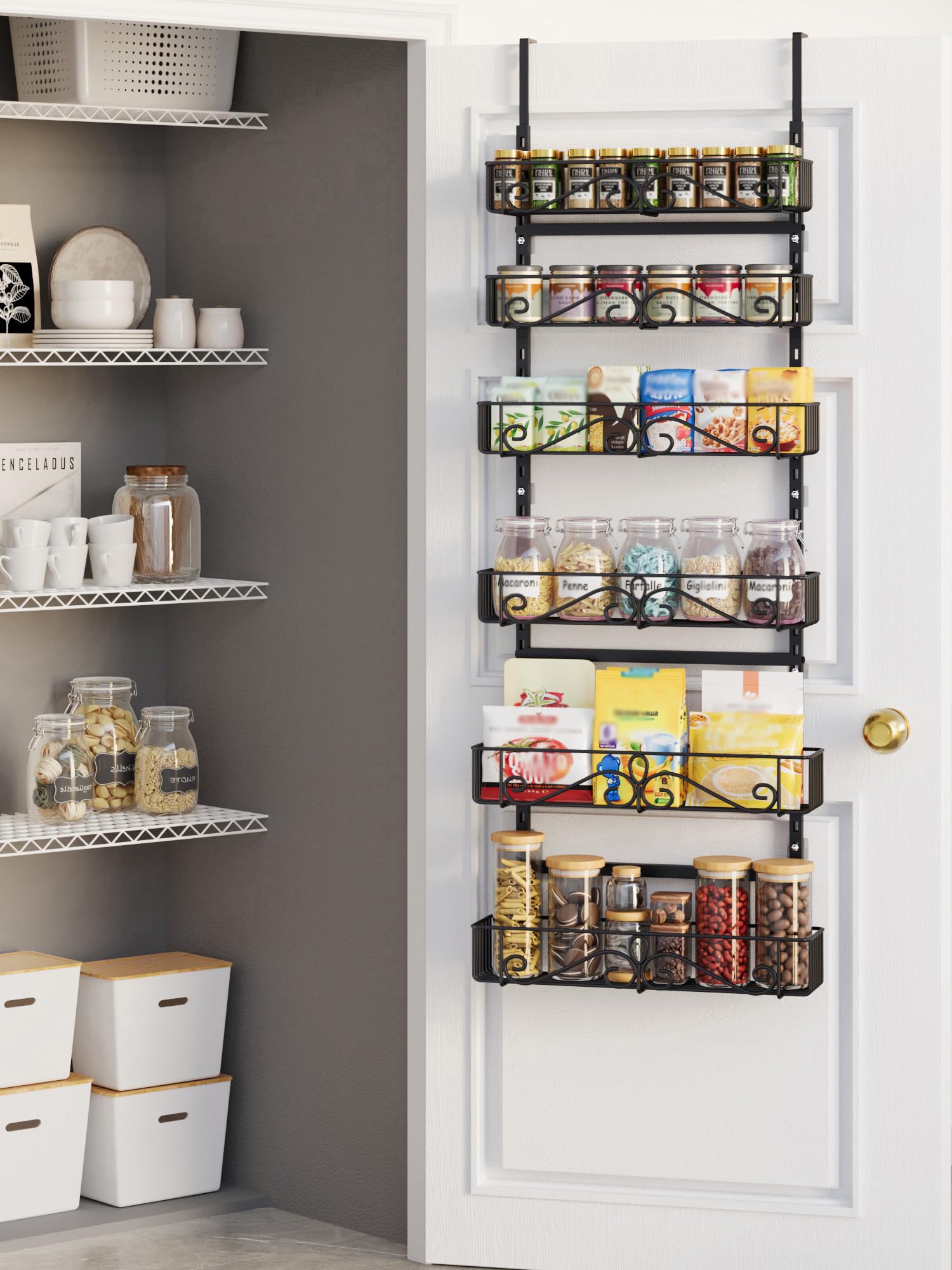 NQW 6Tier Over Door Hanging Shelf, Adjustable Metal Storage Rack for Kitchen Pantry Office, Black