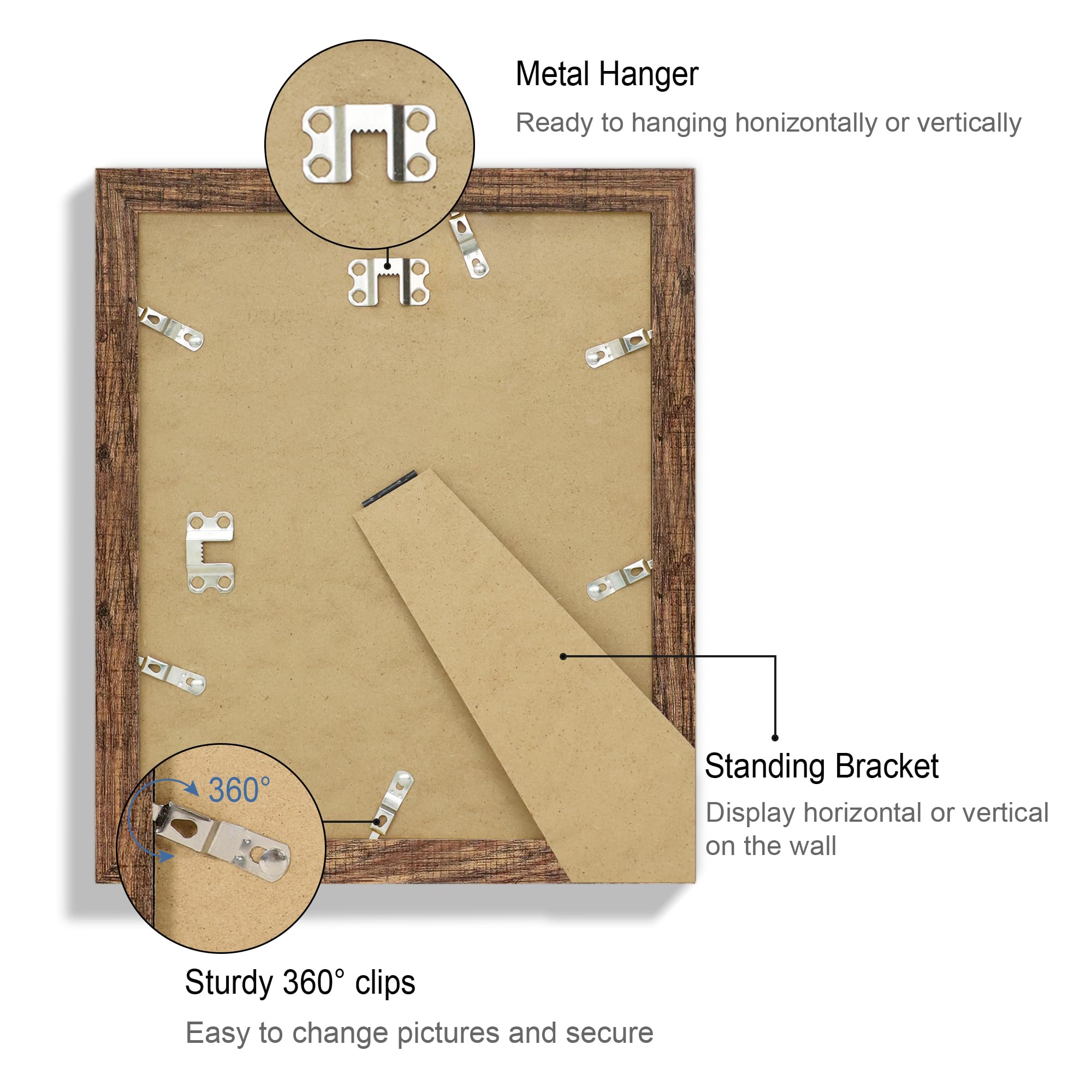 Hongkee 9x11 Picture Frame Set of 4, Made of Real Glass and Rustic Brown Frame - Display Picture 7x9 with Mat or 9x11 Without Ma