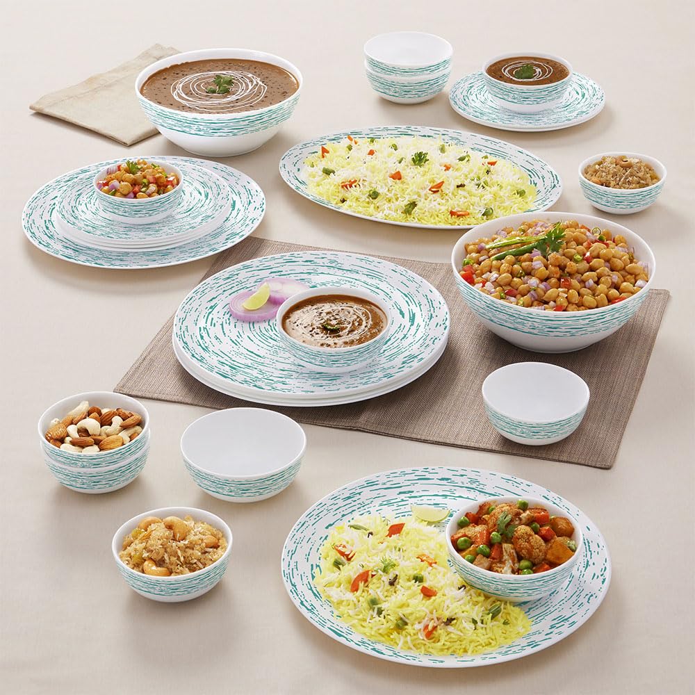 Larah By Borosil Moon Blue Nova Dinner Set  27 Pcs, Opal Glass Dinner Plates & Bowls Crockery Set For Dinning, White