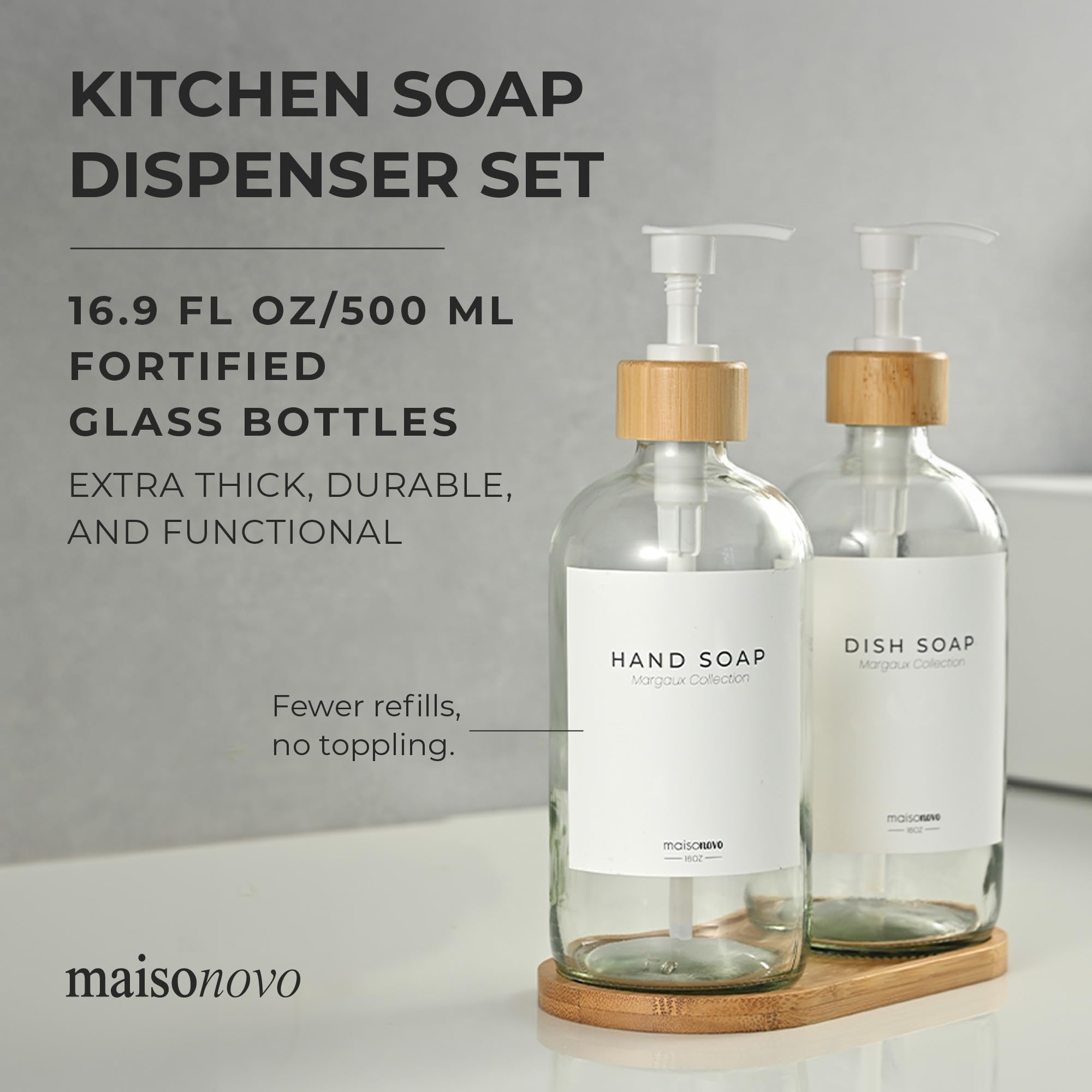 Maisonovo Kitchen Soap Dispenser Set - Glass Soap Dispenser With Pump - Clear Bamboo White Pump 16.9 Fl Oz - Bathroom Soap Dispe
