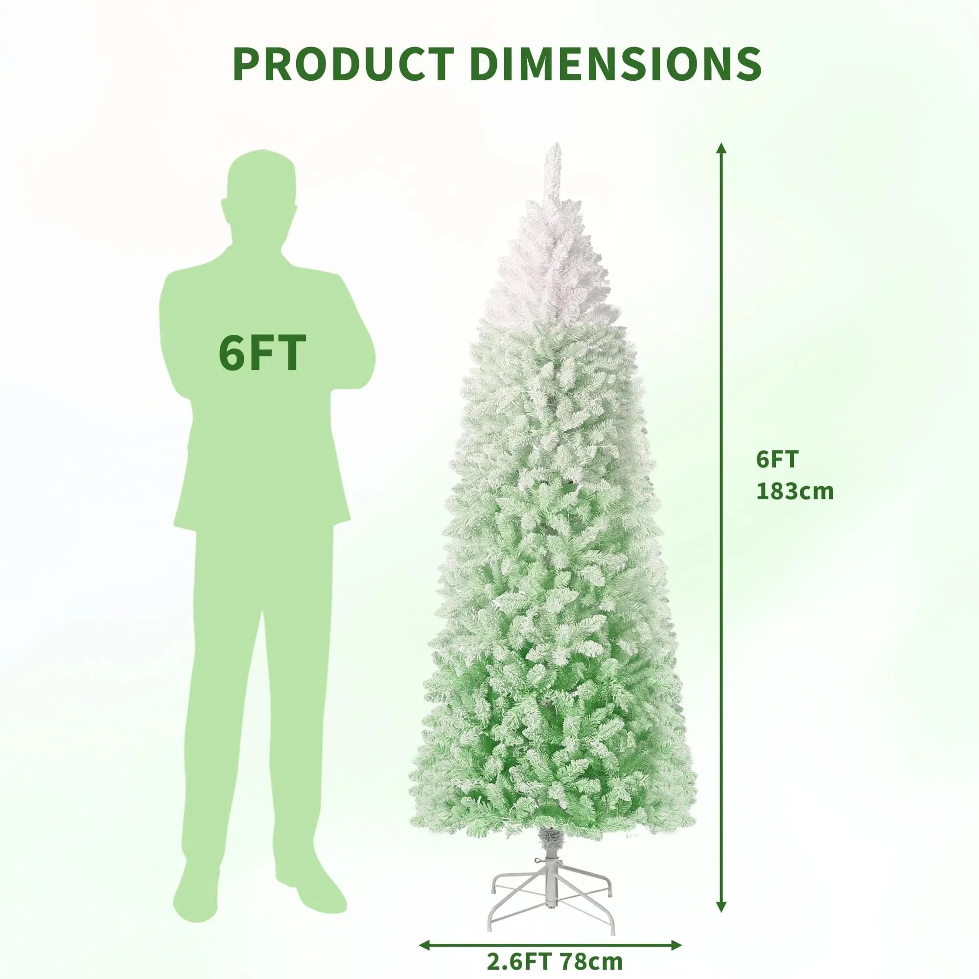 6ft Snow Flocked Pencil Christmas Tree with Green Gradient, Slim Artificial Xmas Tree on Sturdy Metal Stand, Skinny Holiday Deco