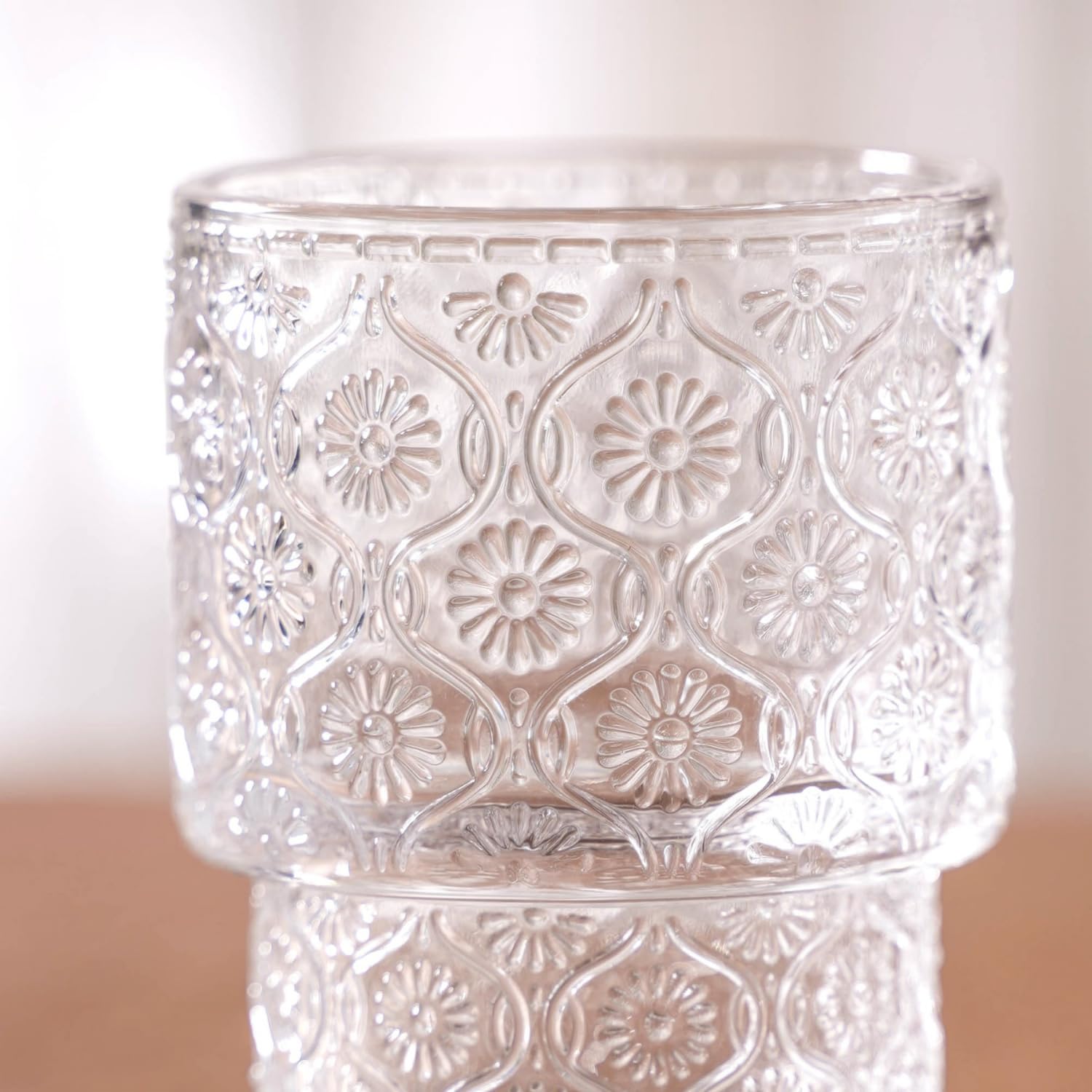 Nestasia Stackable Glasses Set of 6, Lead-Free Chip Resistant Thick Walled Drinking Glassware, Floral, 200ml each