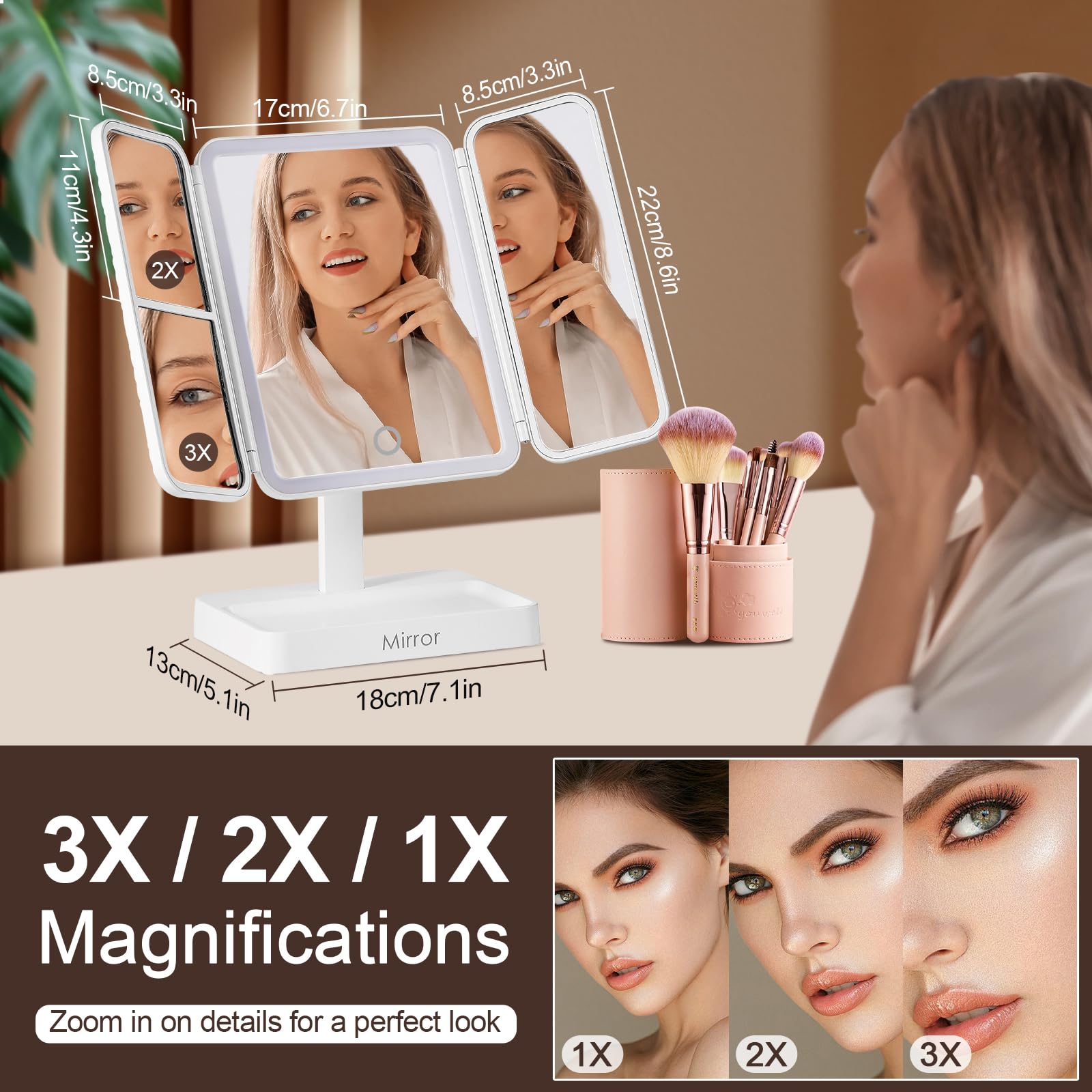 Makeup Mirror Vanity With Lights, 83 Leds, 360-Degree Uniform Fill Light, 3-Color Lighting, Touch Control, Trifold Makeup Mirror