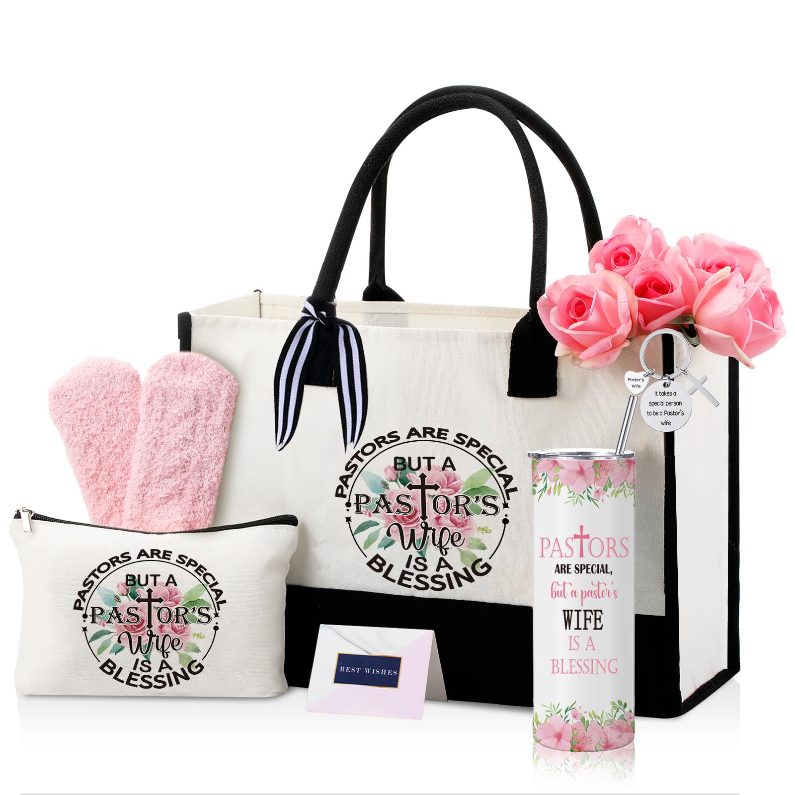 Geiserailie 8 Pcs Christian Pastor Wife Appreciation Gifts for Women Including Large Tote Bag Cosmetic Bags Tumbler Cup Plush So