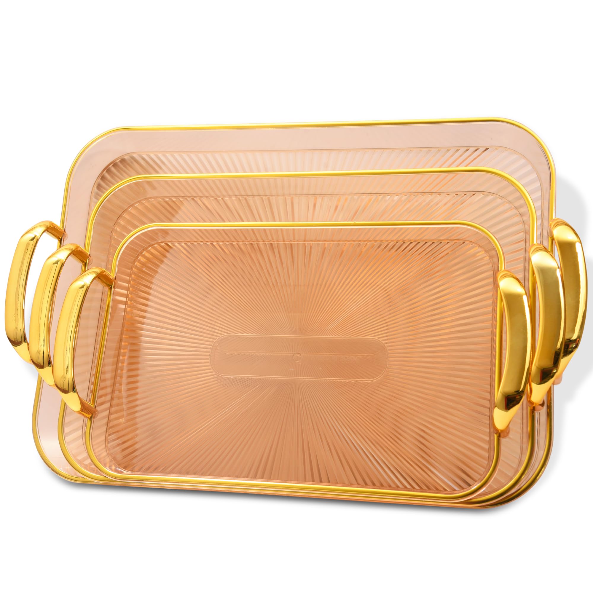 Barepepe Plastic Serving Tray Set For Kitchen Rectangular Design Golden Borders  Transparent Amber  Set Of 3 Size
