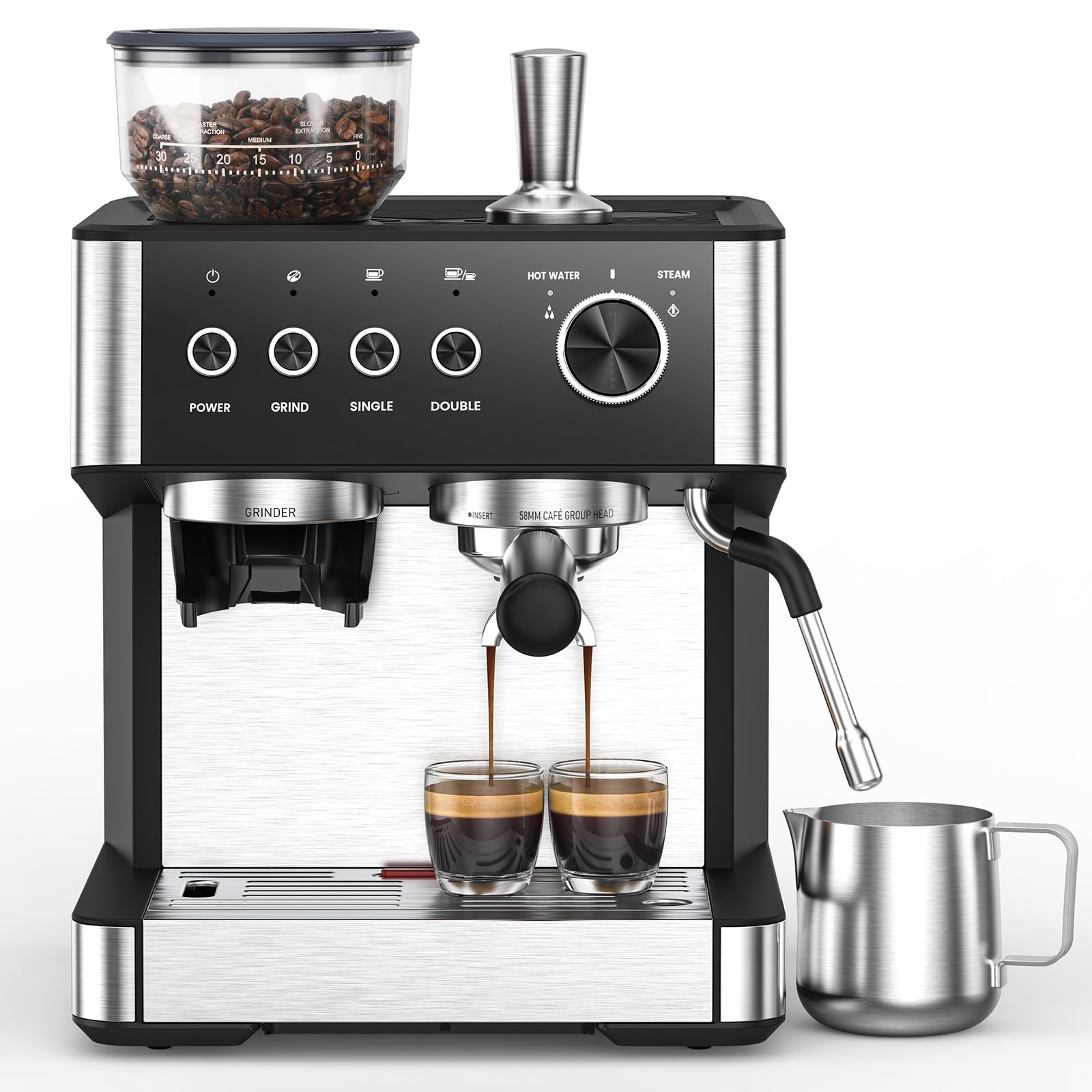 (2025 Upgrade) 20 Bar Espresso Machine with Built-in Anti-Clog Coffee Grinder, Expresso Coffee Machines with Milk Steam Wand/Fro