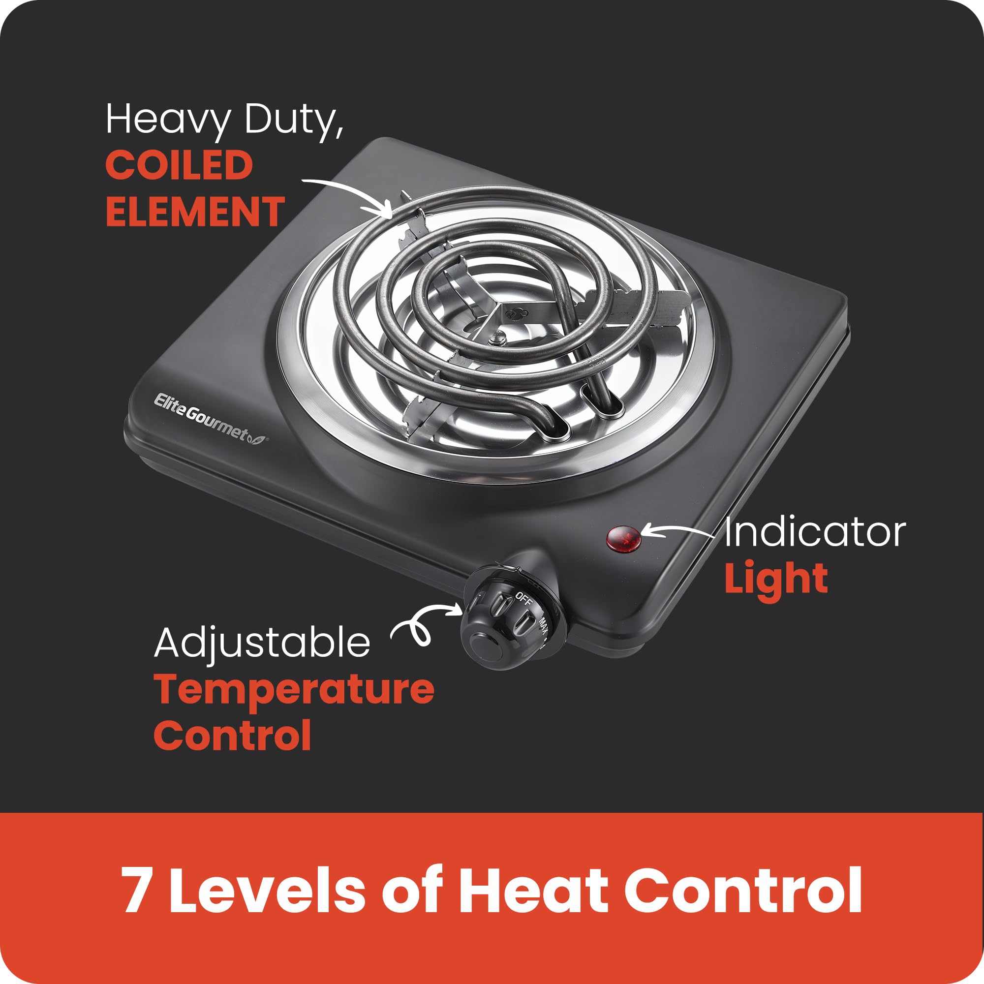 Elite Gourmet Esb100B Countertop Single Coiled Burner Electric Hot Plate, Temperature Control, Indicator Light, Easy To Clean, B