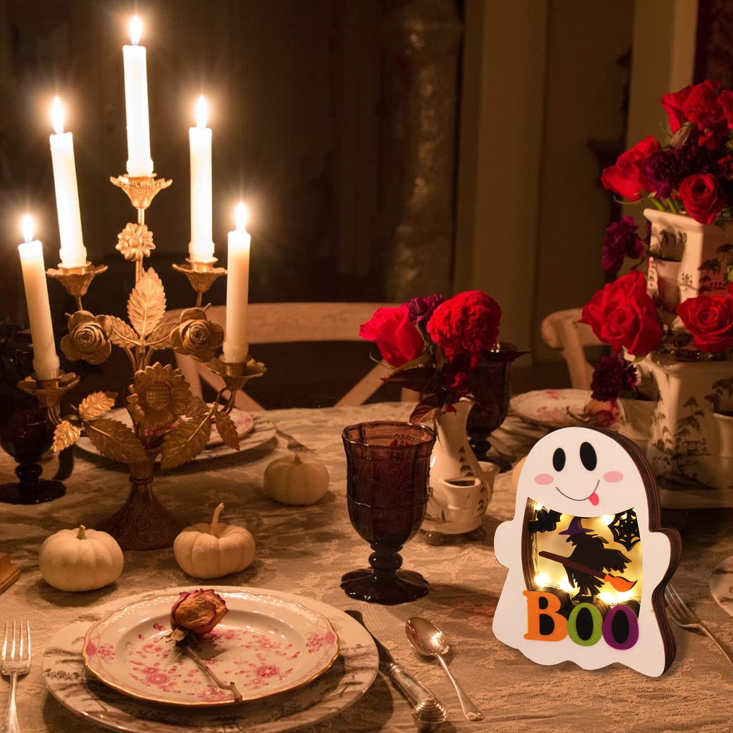 CCINEE 2pcs Halloween Lighted Wooden Table Decoration, Ghost Pumpkin Tabletop Centerpieces LED Boo Spooky Sign for Trick or Trea
