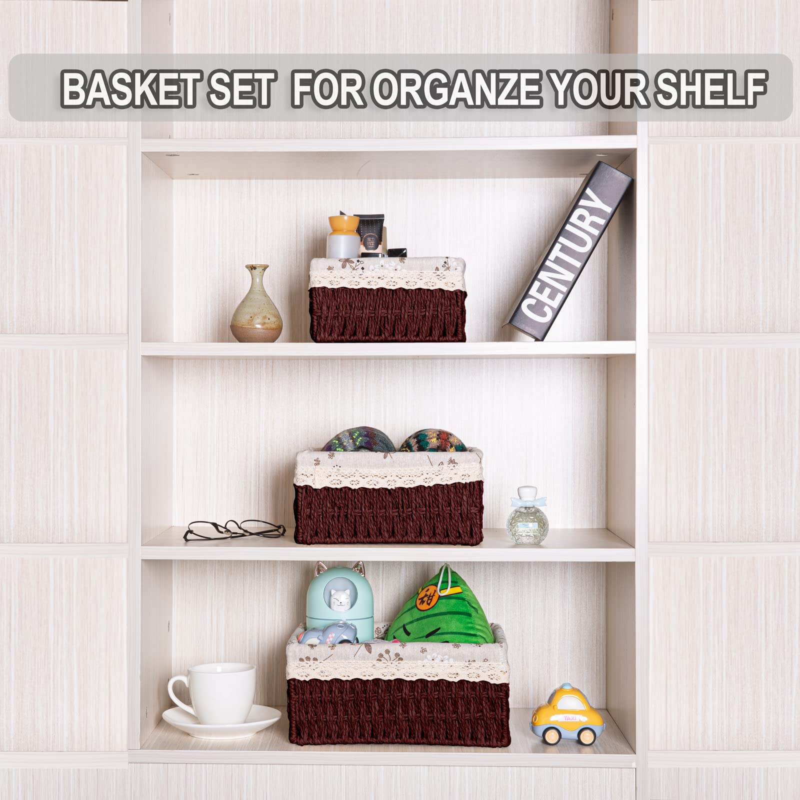 3 Pcs Handmade Wicker Storage Baskets Set Shelf Baskets,Woven Decorative Home Storage Bins For Bedroom,Livingroom,Kitchenroom,Ta