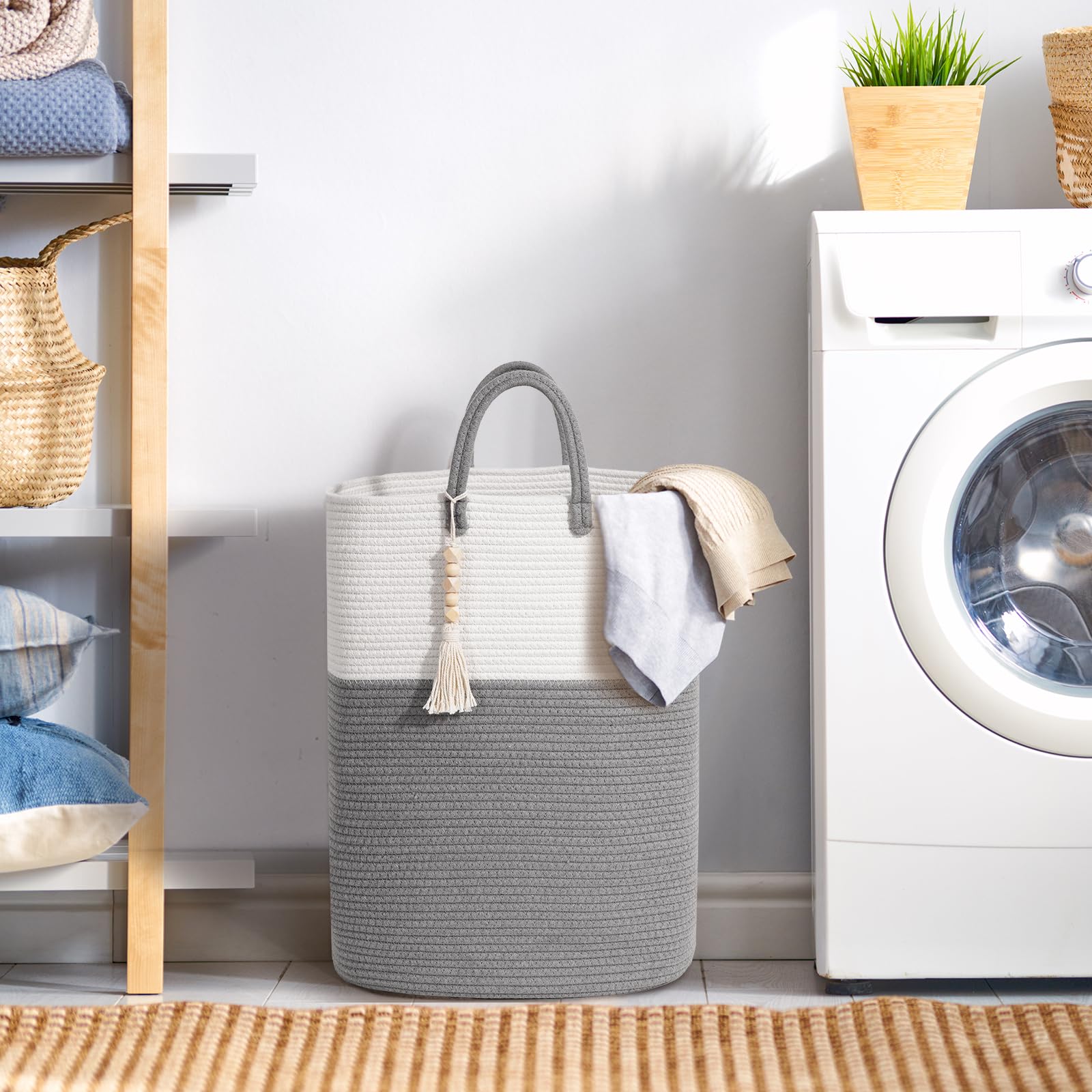 Woven Laundry Basket For Clothes, 100L Large Rectangle Laundry Hampers With Beads Tassel, Nursery Storage Basket For Toys, Tall