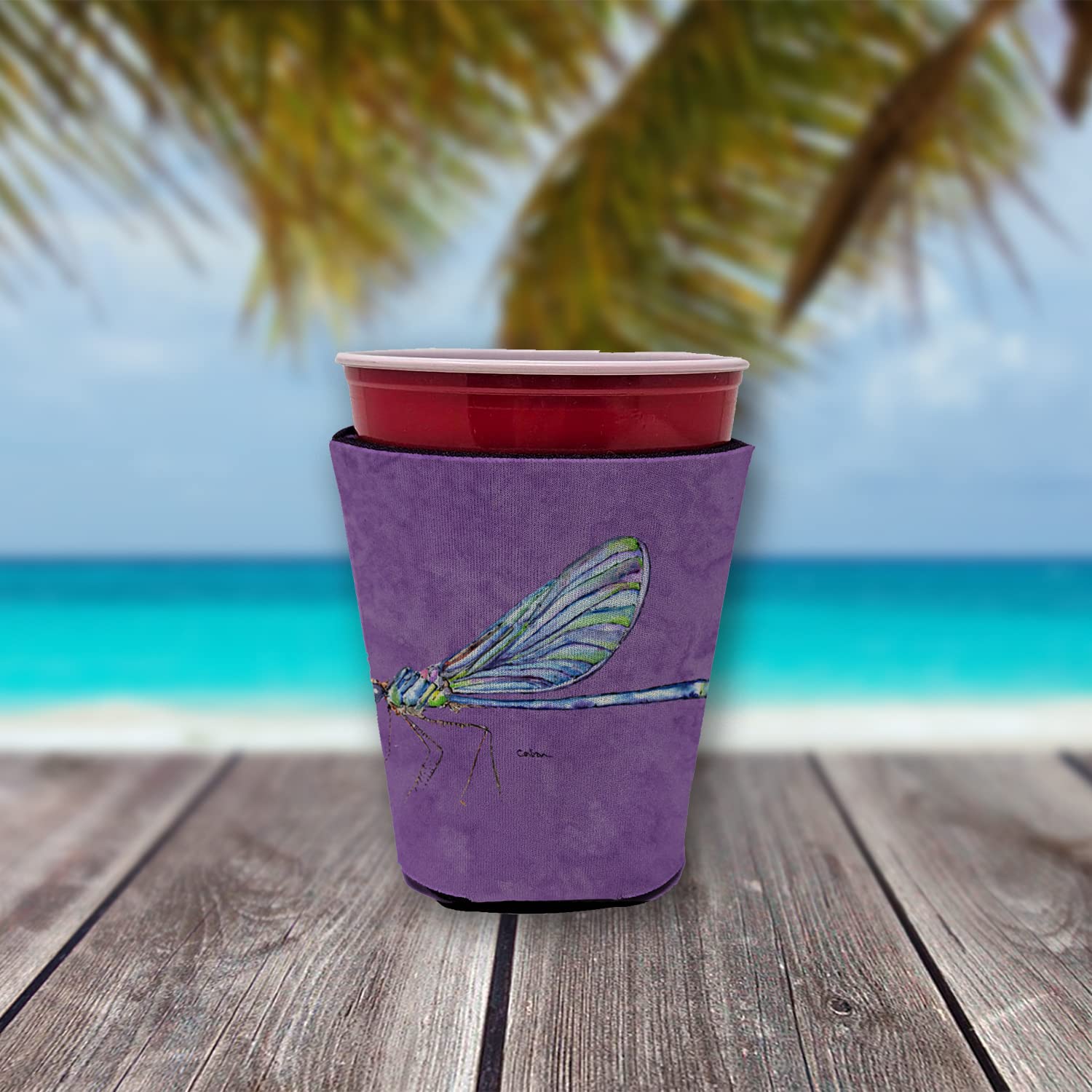 Dragonfly on Purple Red Solo Cup Beverage Insulator Hugger