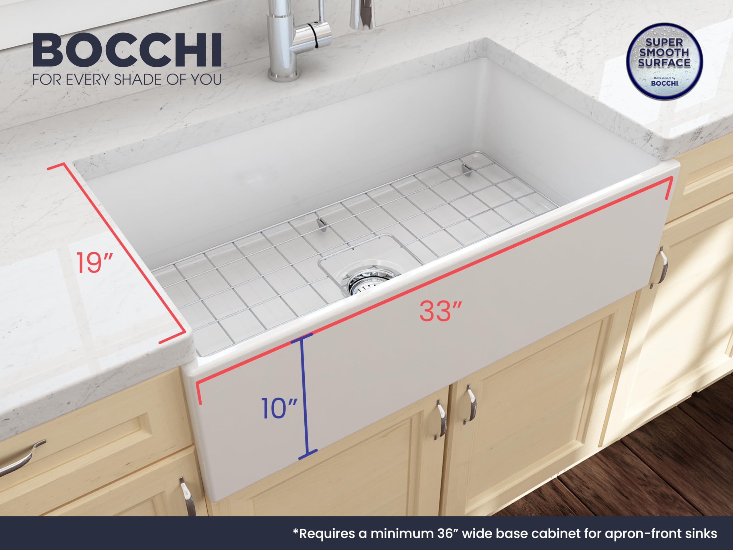 Bocchi Contempo Farmhouse Apron Front Fireclay 33 In. Single Bowl Kitchen Sink With Protective Bottom Grid And Strainer In White