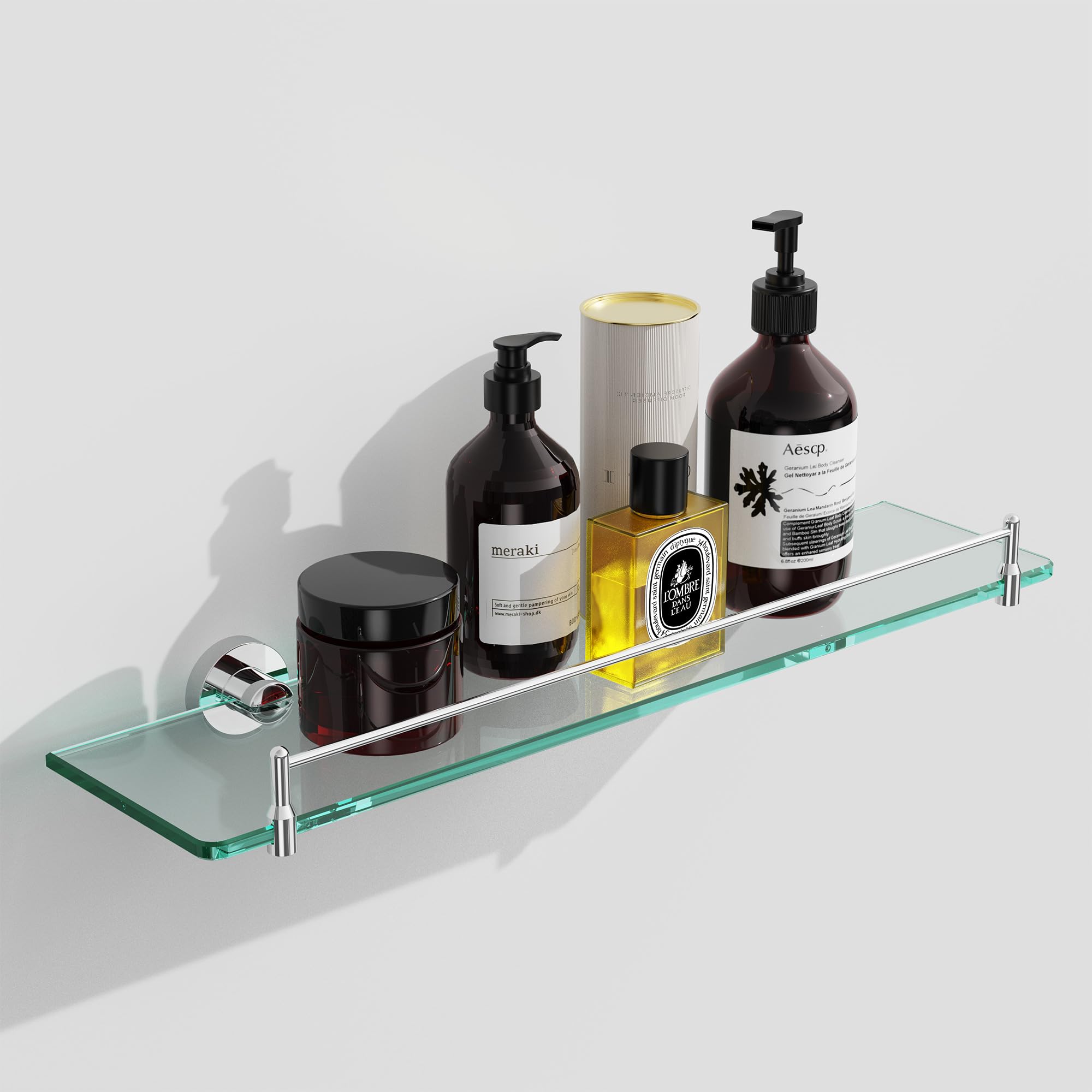 KOCOK Glass Shelf for Bathroom,20-Inches Chrome Floating Glass Shelves for Wall Rectangular Modern Stainless Steel Tempered Glas