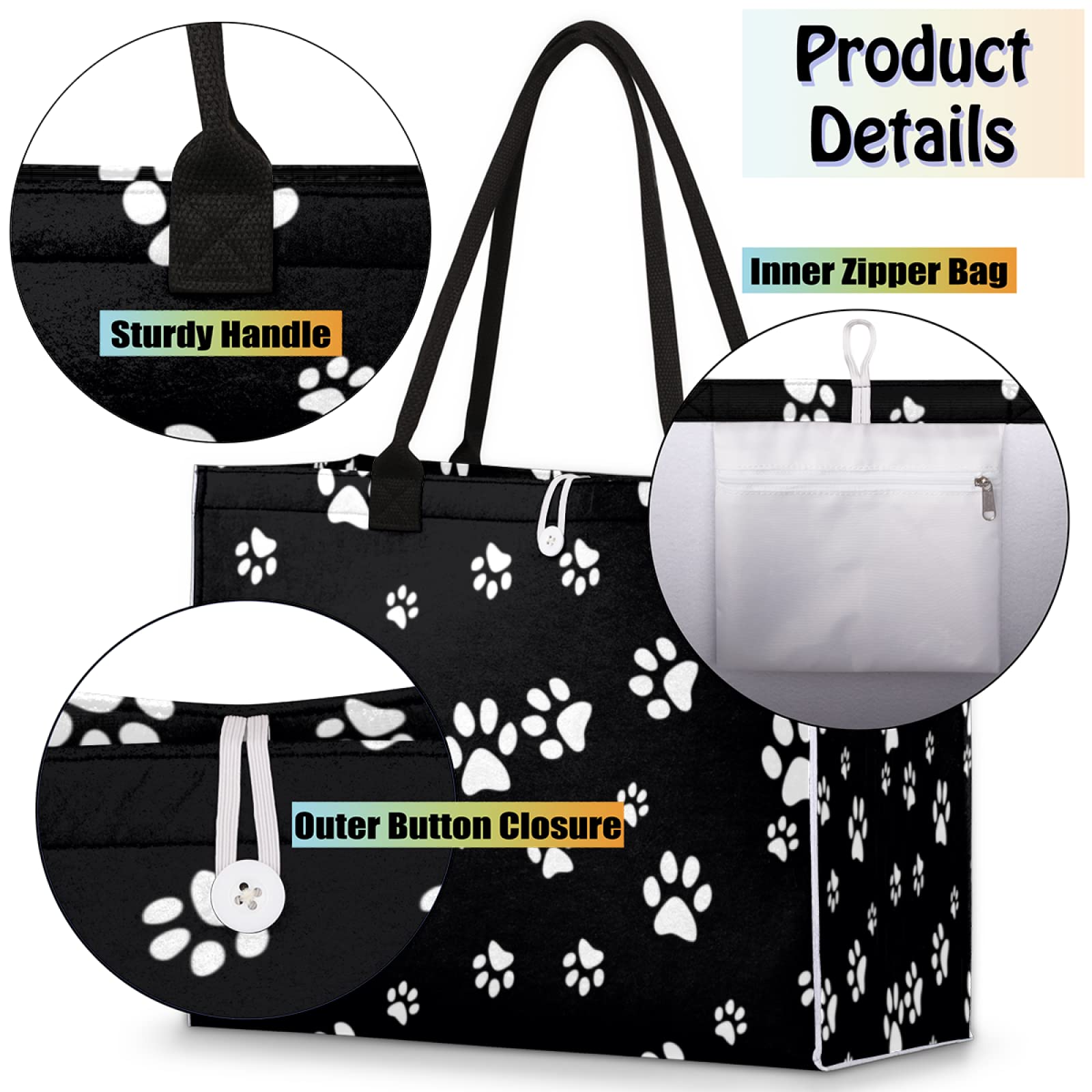 Auuxva Beach Tote Bag White Puppy Paw Print Black Large Travel Bag Utility Tote Bag Women Shoulder Bag Reusable Grocery Bag With