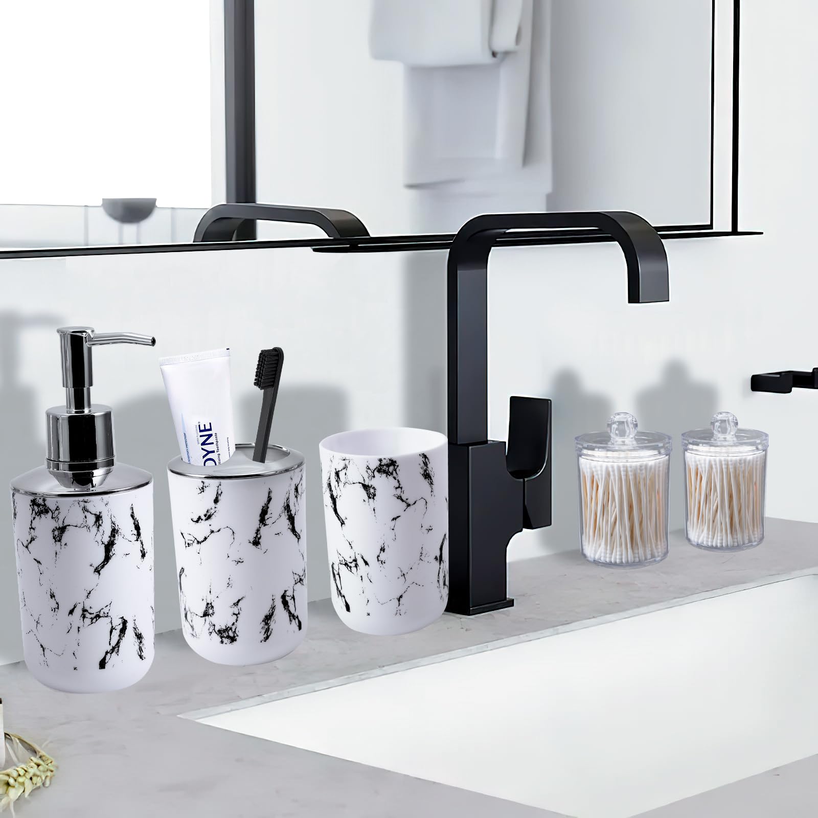White Marble Bathroom Accessories Set, White Bathroom Set With Trash Can, Vanity Tray, Soap Dispenser, Soap Dish, Toothbrush Hol
