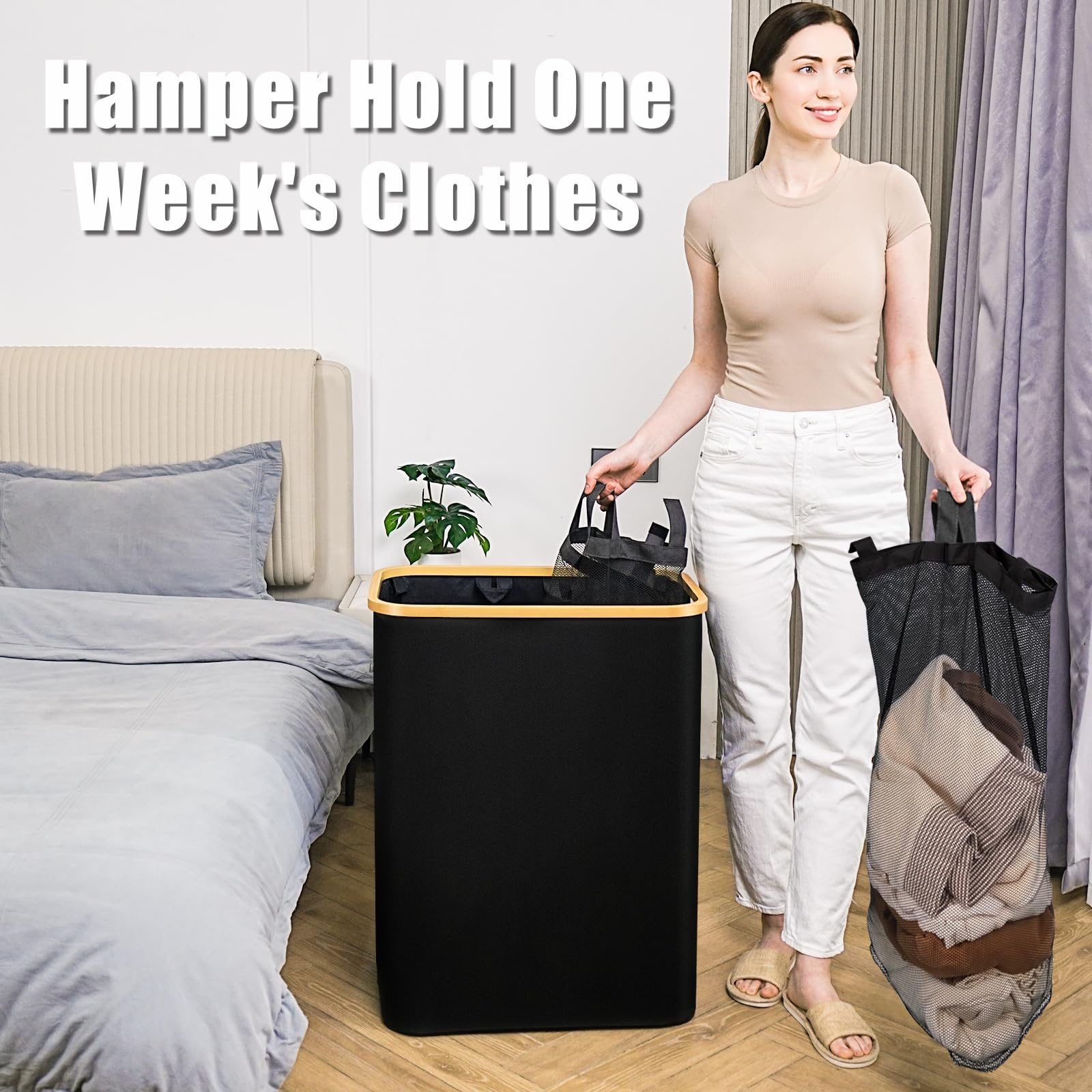Hampers for Laundry Basket with Lid  160L Extra Large 3 Section Clothes Divided Organizer for Bedroom Laundry Room Dirty Clothing Hamper Black