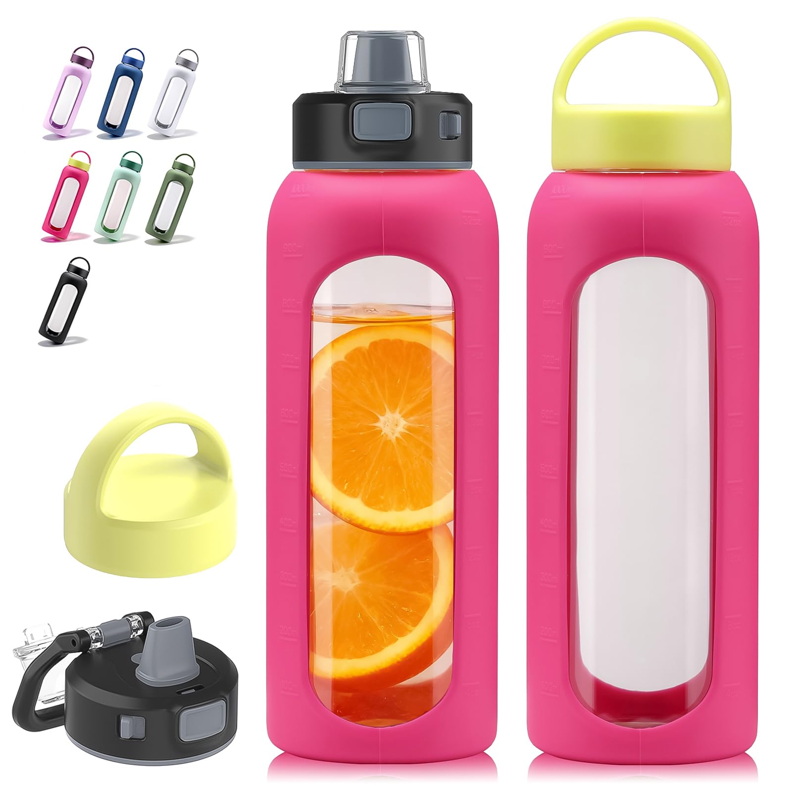 Kodrine Glass Water Bottle 32 oz-Rose Red/Borosilicate Glass Motivational Water Bottle with Straw and 2 Lids,Silicone Sleeve,Tim