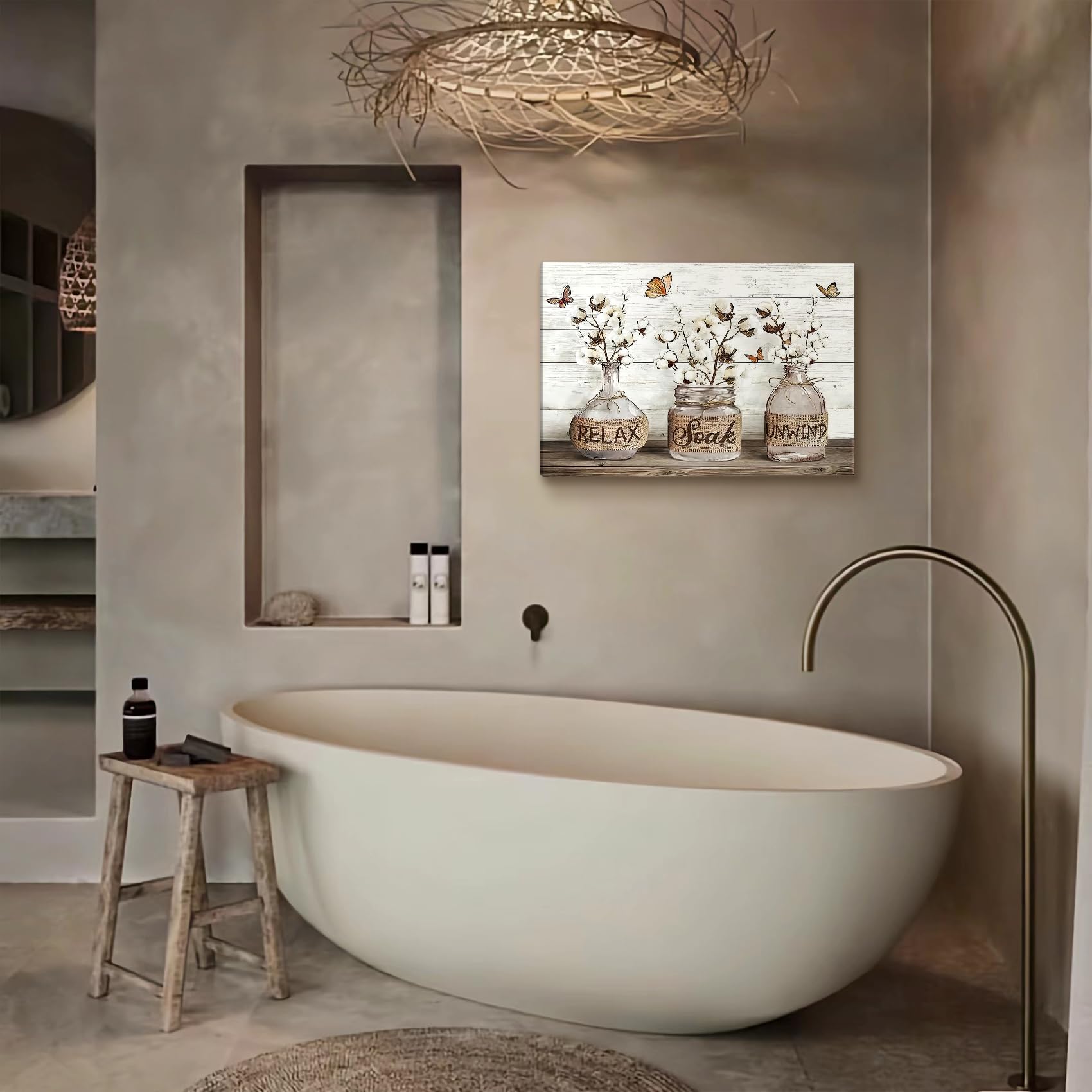 Bjvjksu Farmhouse Bathroom Wall Art Rustic Cotton Flower Bathroom Canvas Wall Decor Bathroom Relax Soak Unwind Sign Painting Pri