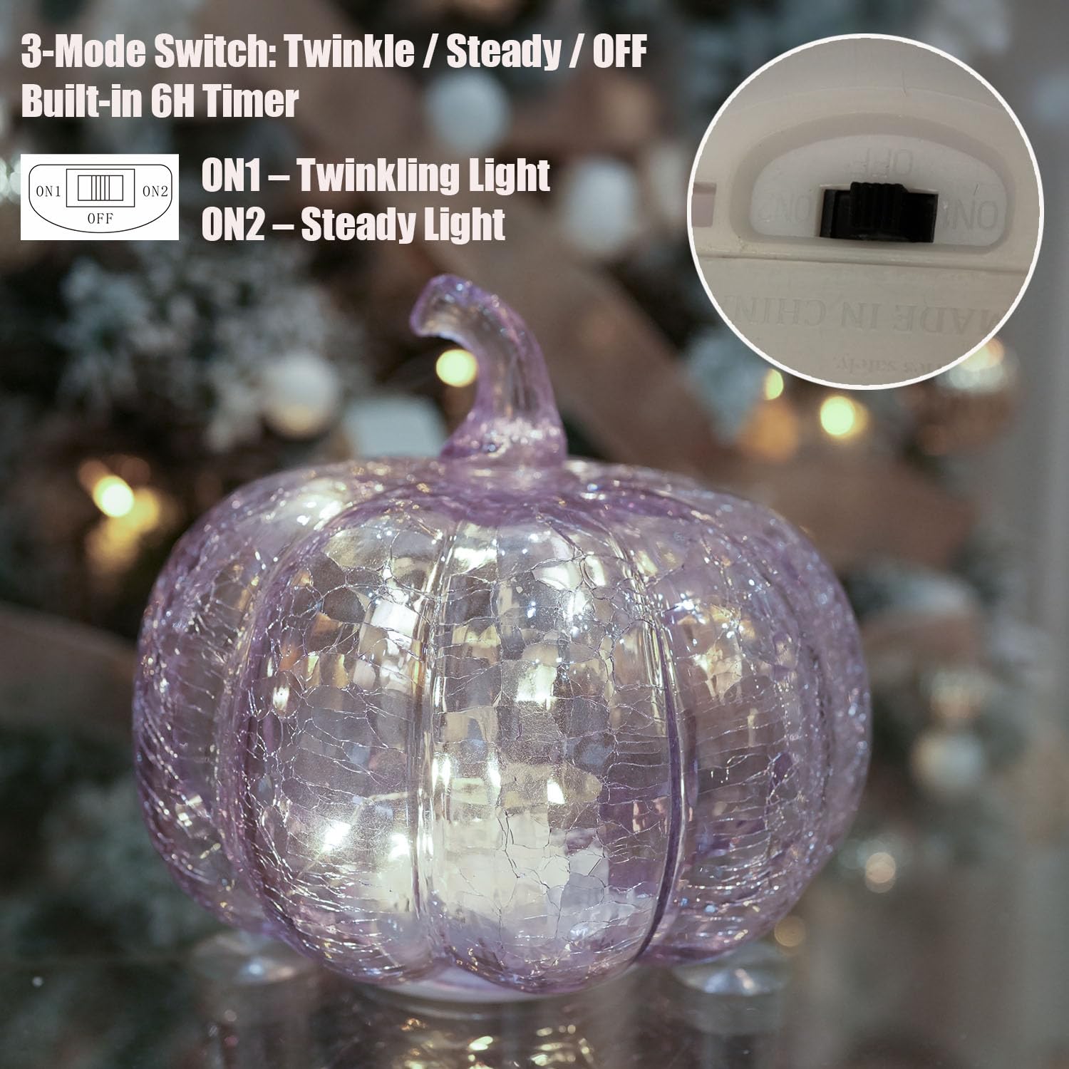 hvfun Handcrafted Lavender Crackle Glass Pumpkin Light, LED Battery Operated Table D  cor with 6H Timer, Twinkle & Steady Modes,