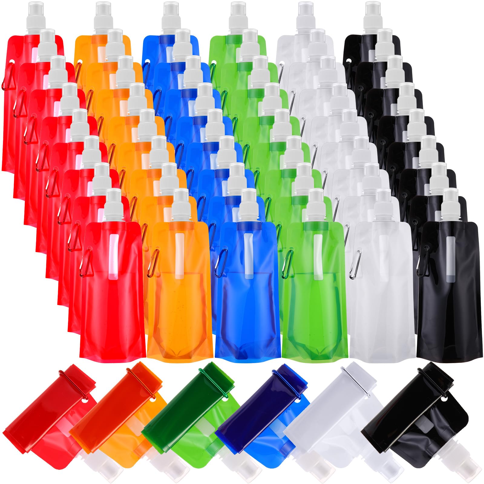 Teenyyou 48 Pack Collapsible Water Bottles Bulk 16oz Foldable Water Bottles with Carabiner Reusable Drinking Leak Proof Containe