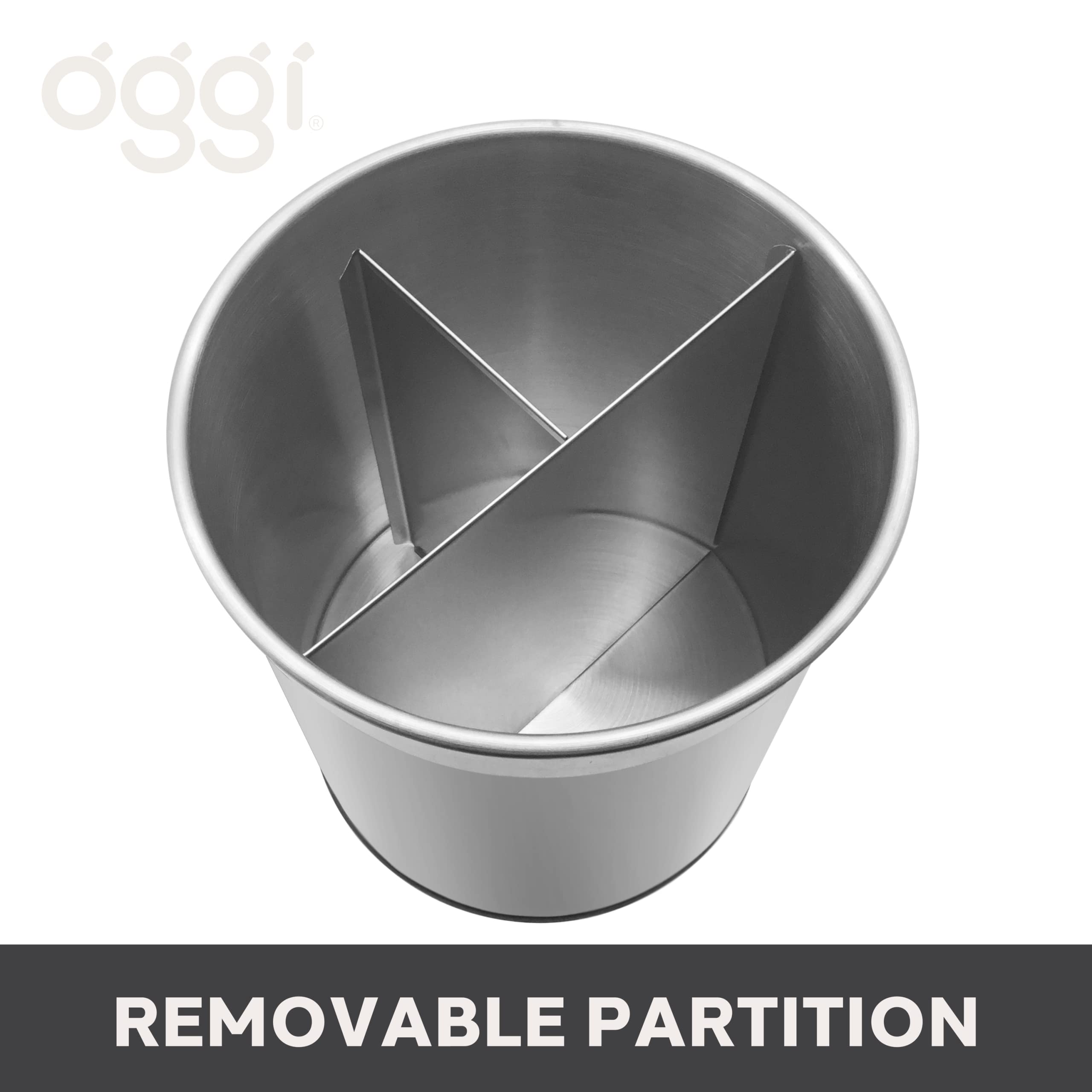 Oggi Jumbo Stainless Steel Rotating Utensil Holder With Removable Divider - Stylish Kitchen Cooking Utensil Organizer. Height 7.