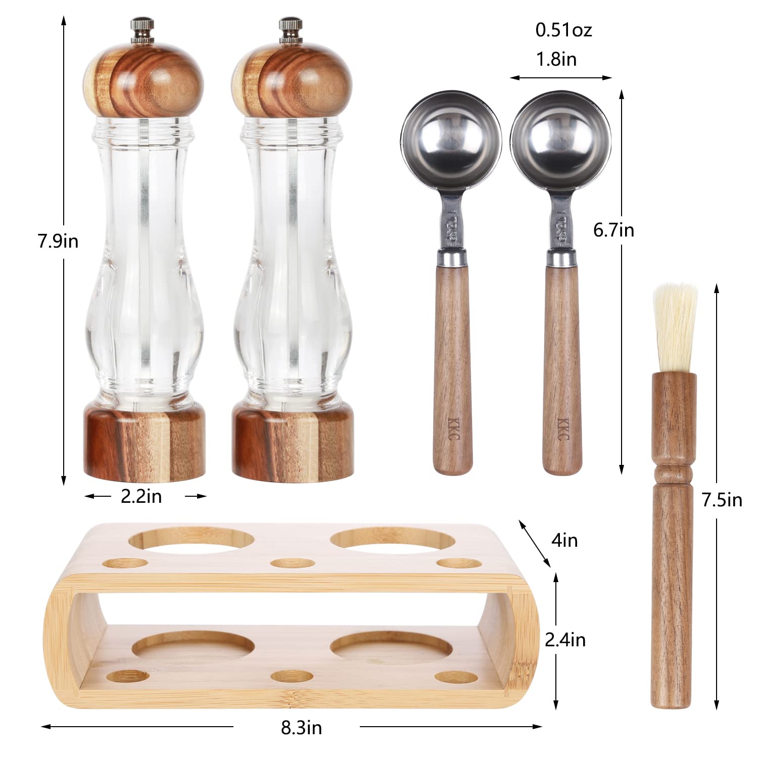 KKC HOME ACCENTS Wooden Salt and Pepper Grinder set with Spoons and Brush Salt and Pepper Mill set 8 inch Refillable Adjustable Coarseness Fine to Coarse