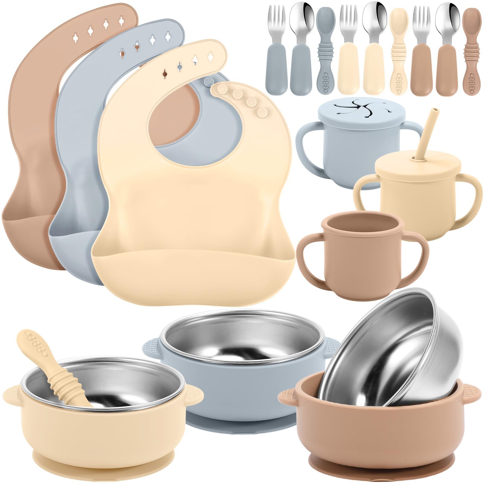 Yinder 15 Pack Silicone Baby Feeding Set Include Baby Bowls Spoons Forks Adjustable Bib Tiny Cups for Babies Toddlers Kids Self 
