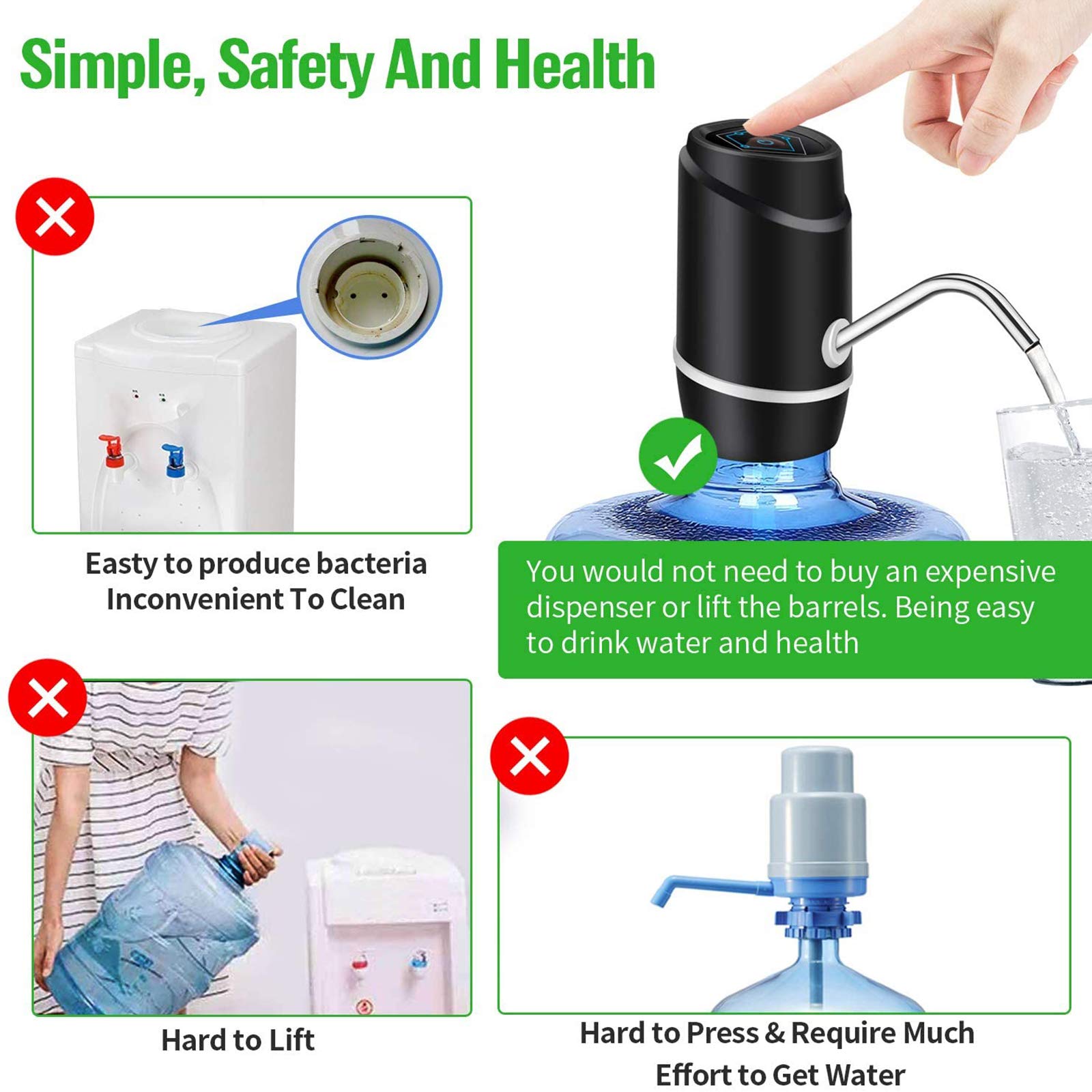 5 Gallon Electric Drinking Portable Water Dispenser  Universal USB Charging Water Bottle Pump For 2-5 Gallon With 2 Silicone