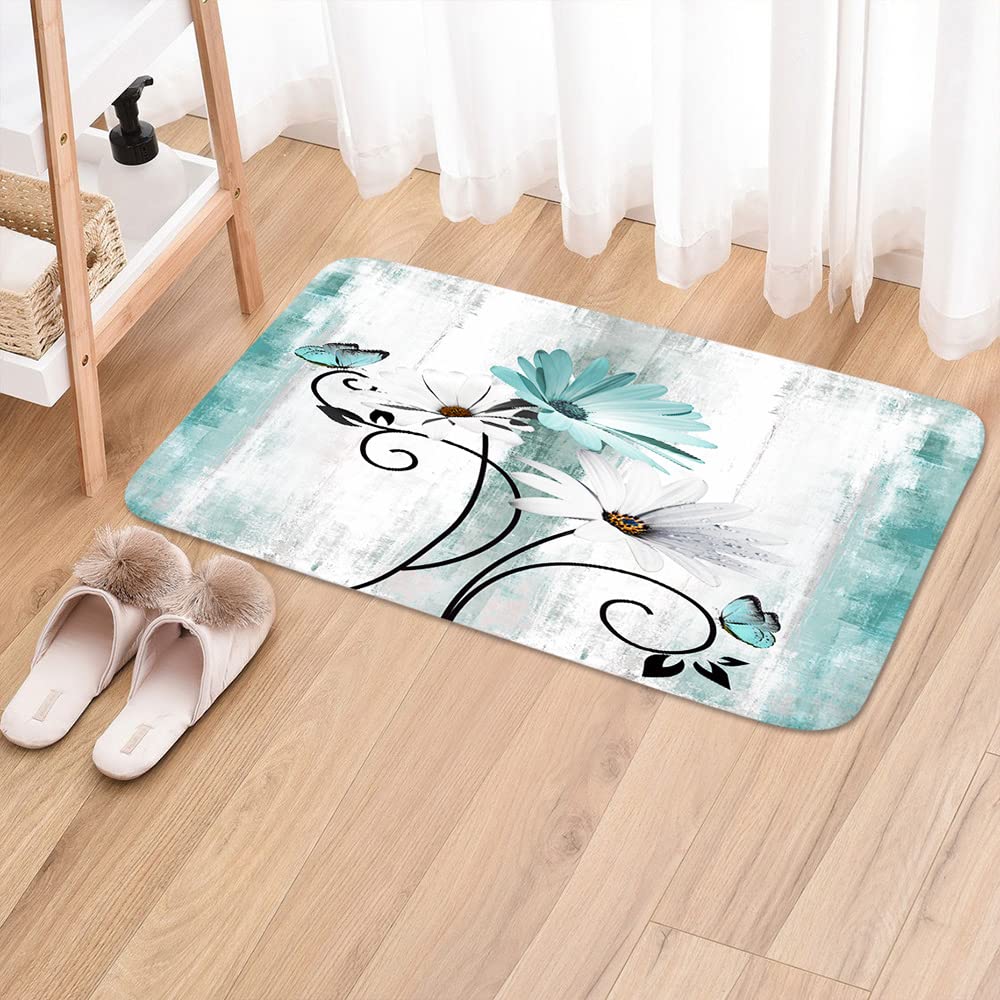 Rustic Farmhouse Bath Rug, Farm Teal Daisy Floral Flowers And Butterfly On Country Wooden Bath Mat Turquoise Blue Kitchen Rug Fl