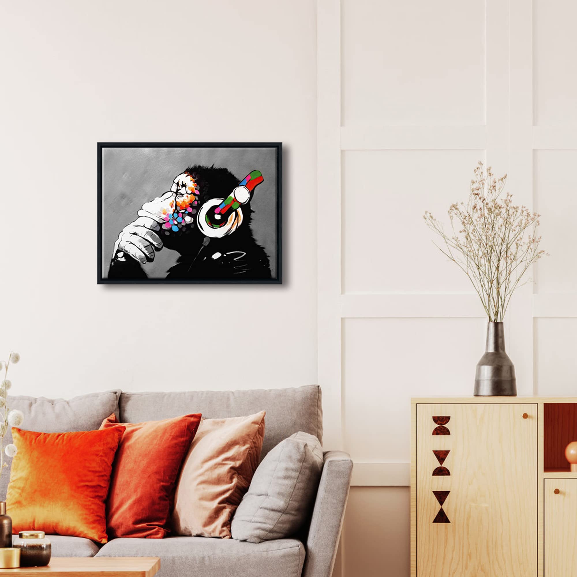 Wieco Art Black Framed Monkey With Headphones Banksy Graffiti Art Abstract Canvas Paintings Prints Animal Canvas Wall Art For Wa