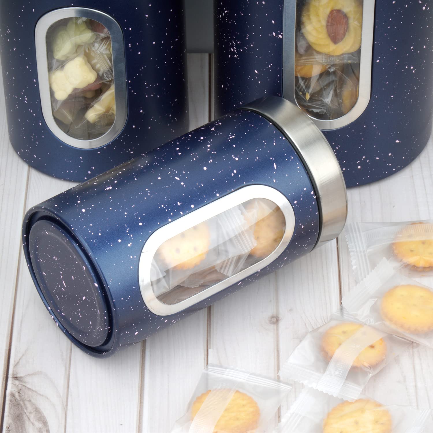 Aeunkiuo Black Kitchen Counter Canister Set 3 Pieces, 0.9/1.6/2.9 Quarts Stainless Steel Flour Sugar Tea Coffee Biscult Storage