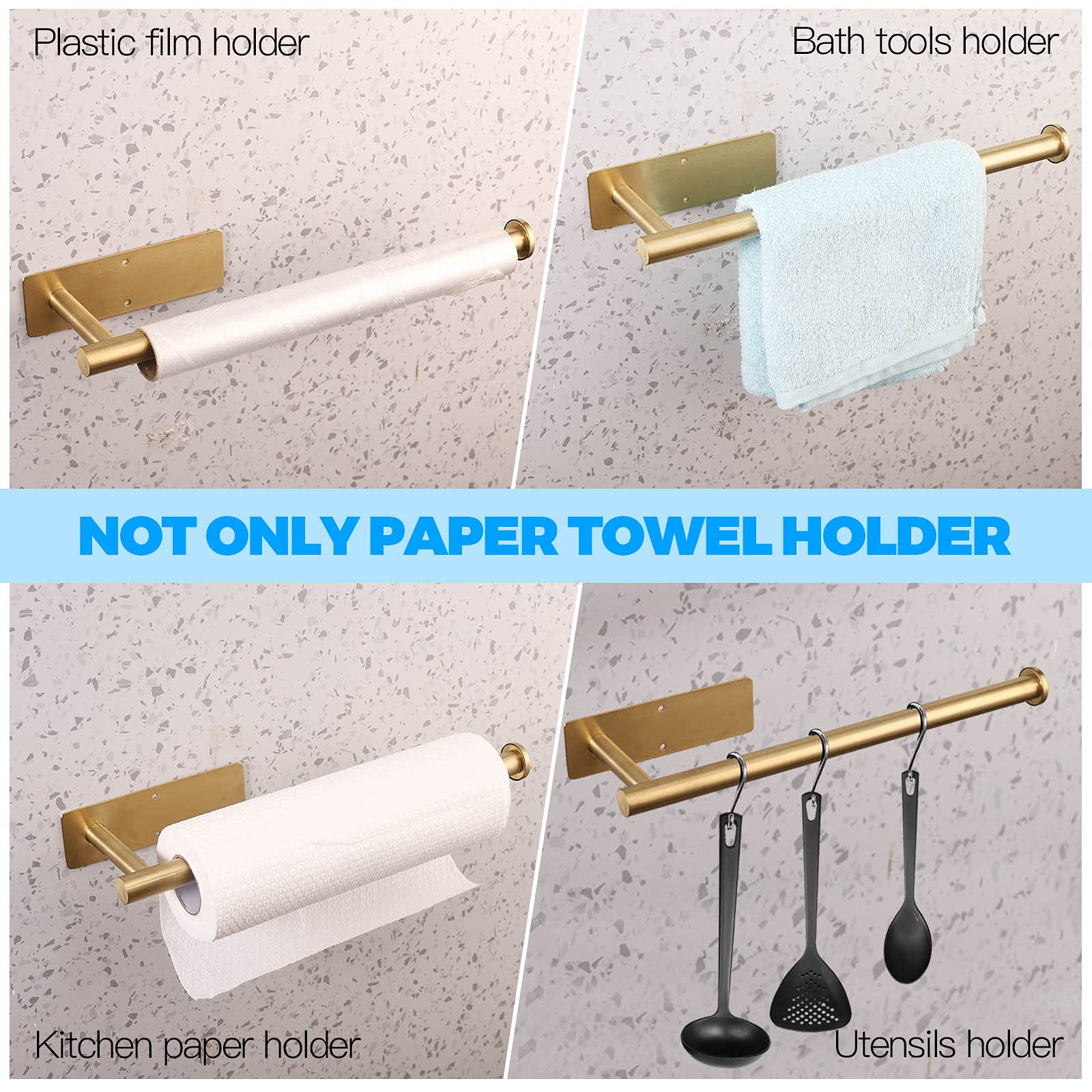 Paper Towel Holder Under Cabinet, Self Adhesive Wall Mount Paper Towel Holder, Sus304 Stainless Steel Under Cupboard Paper Towel