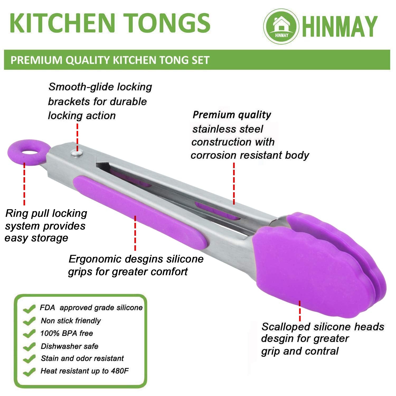 Hinmay Small Kitchen Tongs 7 Inch Mini Silicone Appetizers Tongs, Set Of 3 (Purple)