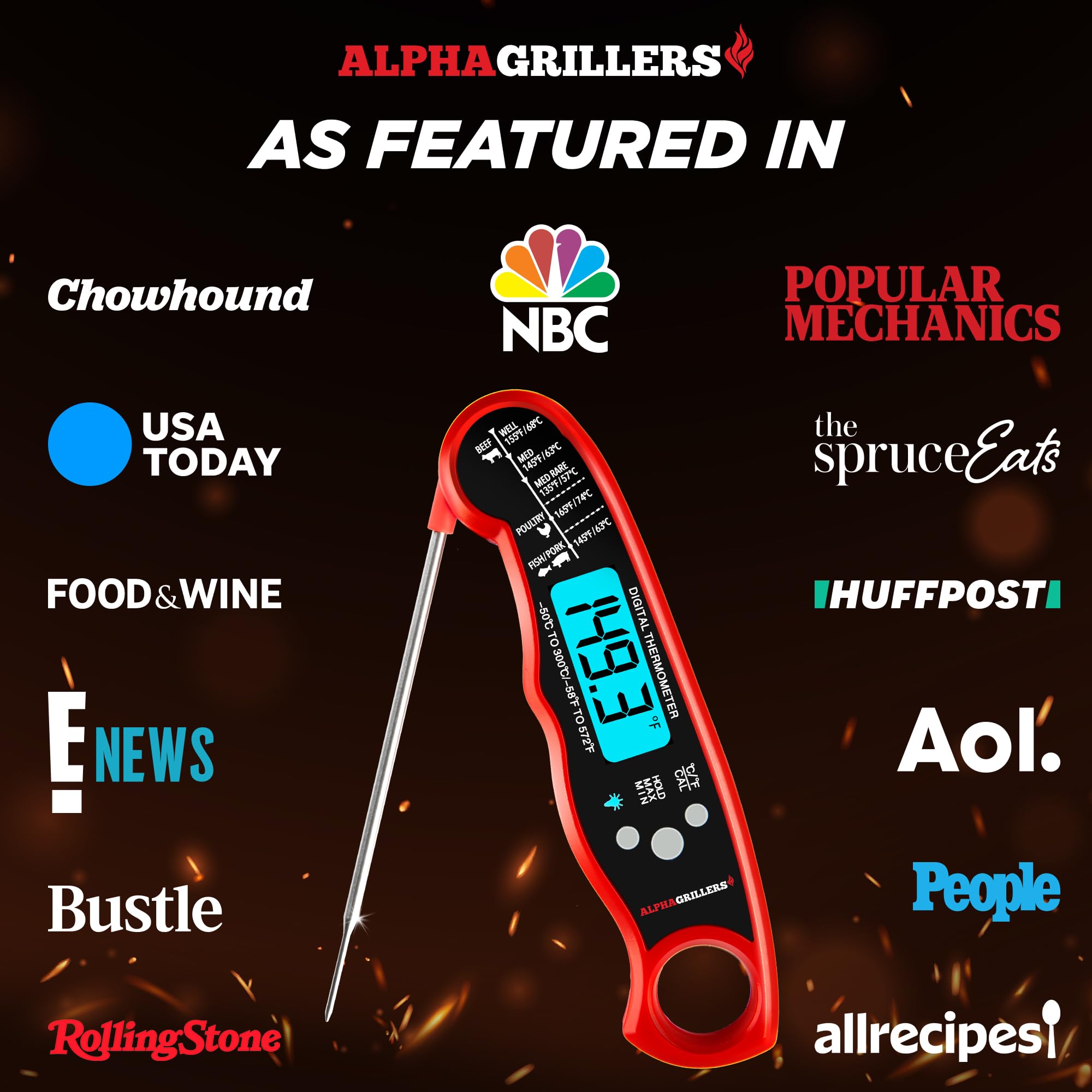 Alpha Grillers Instant Read Digital Meat Thermometer - Black/Red, BBQ Cooking Probe, Ideal for Grilling and Air Frying, Model 296249729076