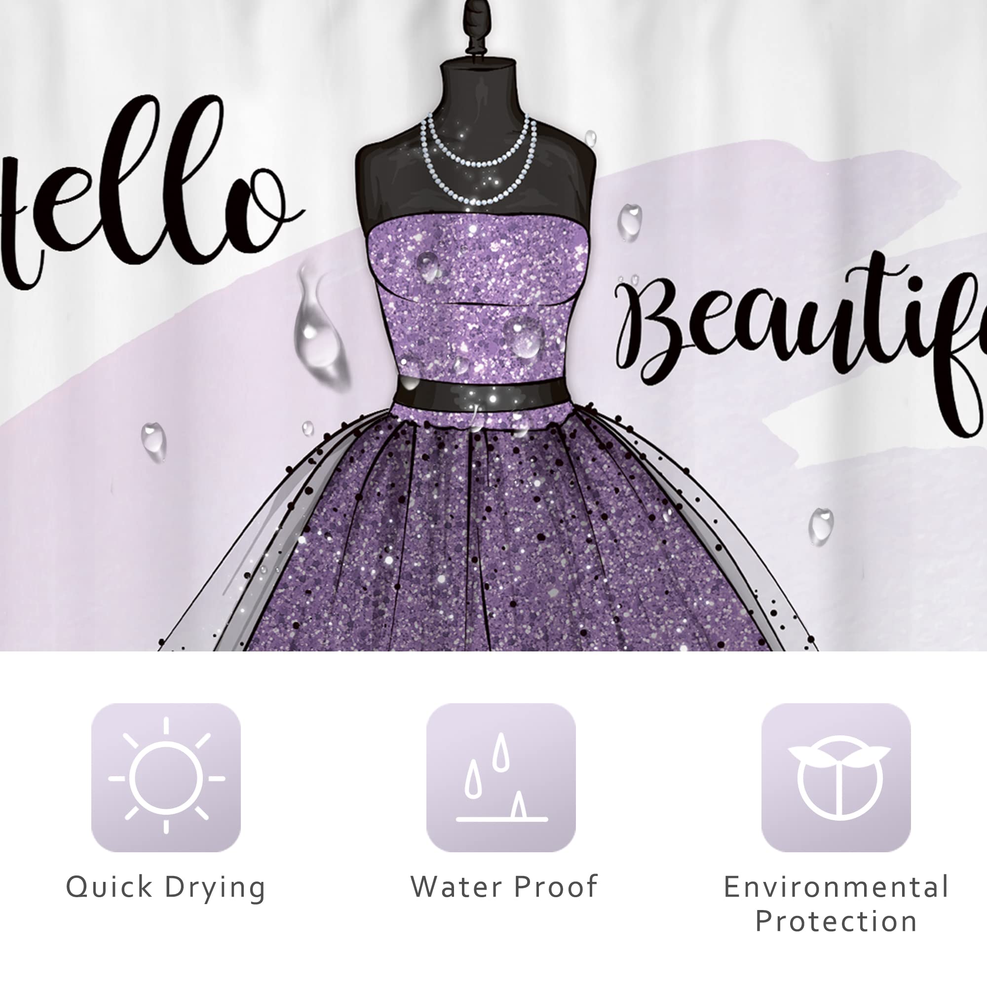 Riyidecor Fashion Women Dresses Shower Curtain 60Wx72H Inch Girly Purple Modern for Girls High Heel Perfume Bottle Floral Handbag Books Beautiful Bathroom Decor Fabric Waterproof 12 Pack Hooks