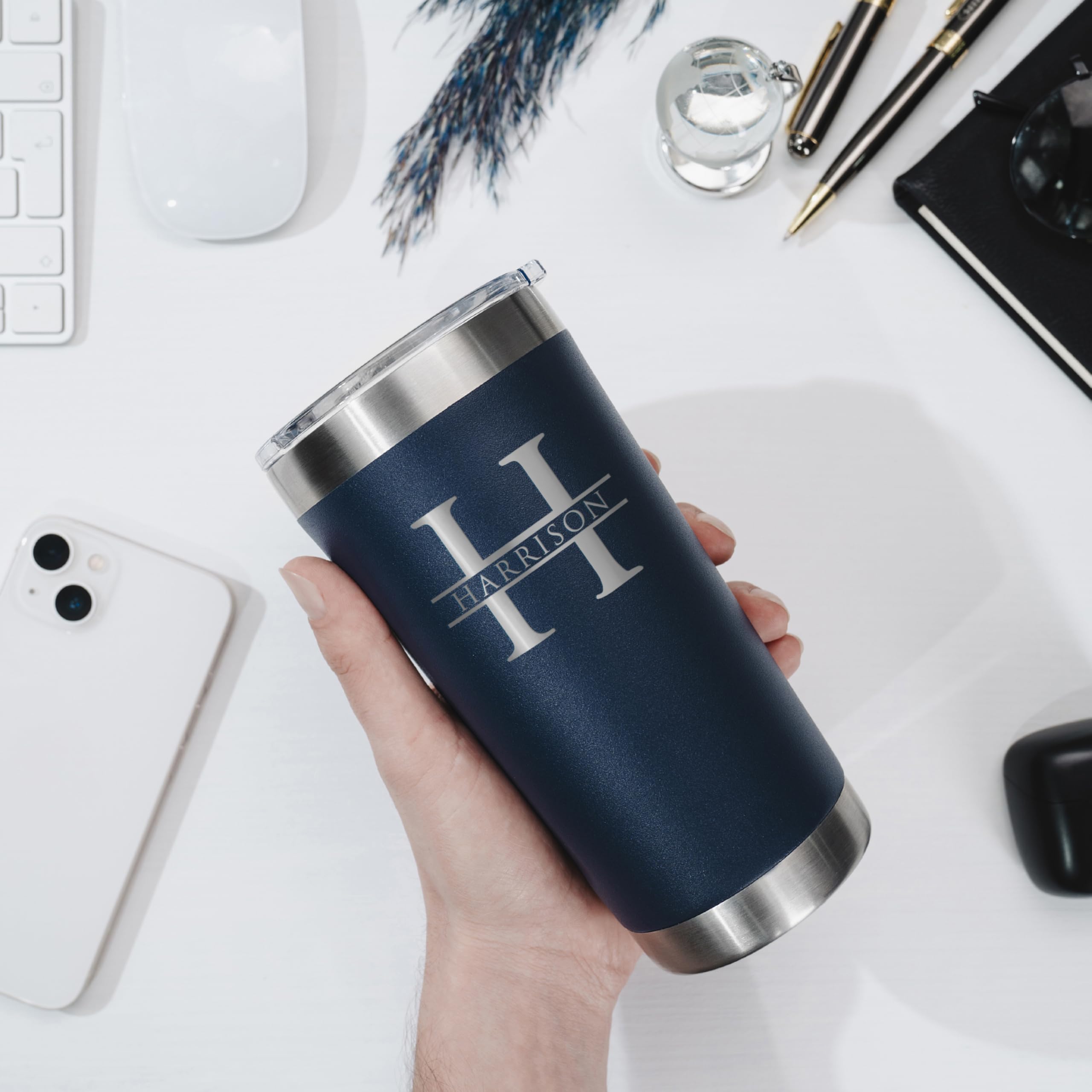 Personalized Tumbler With Engraved Name - 12 Designs, 30 Oz Coffee Tumbler With Slider Lid, Navy Blue, Double Wall Insulated - C