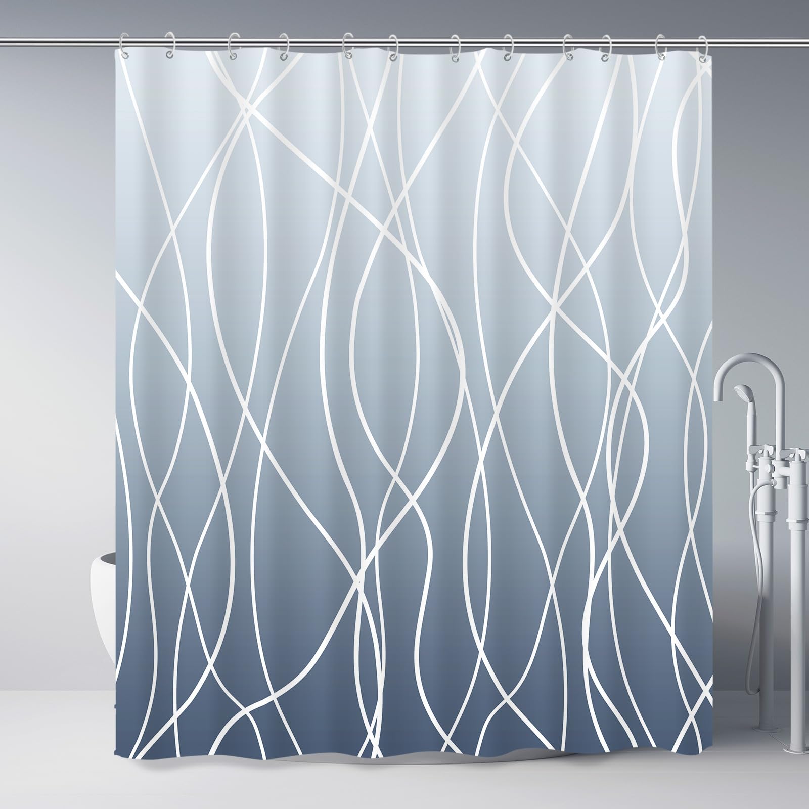 Punkray Ombre Blue Shower Curtain For Bathroom With Hooks,White Shower Curtain Set,Stripe Bath Curtains Decorative Shower Curtai