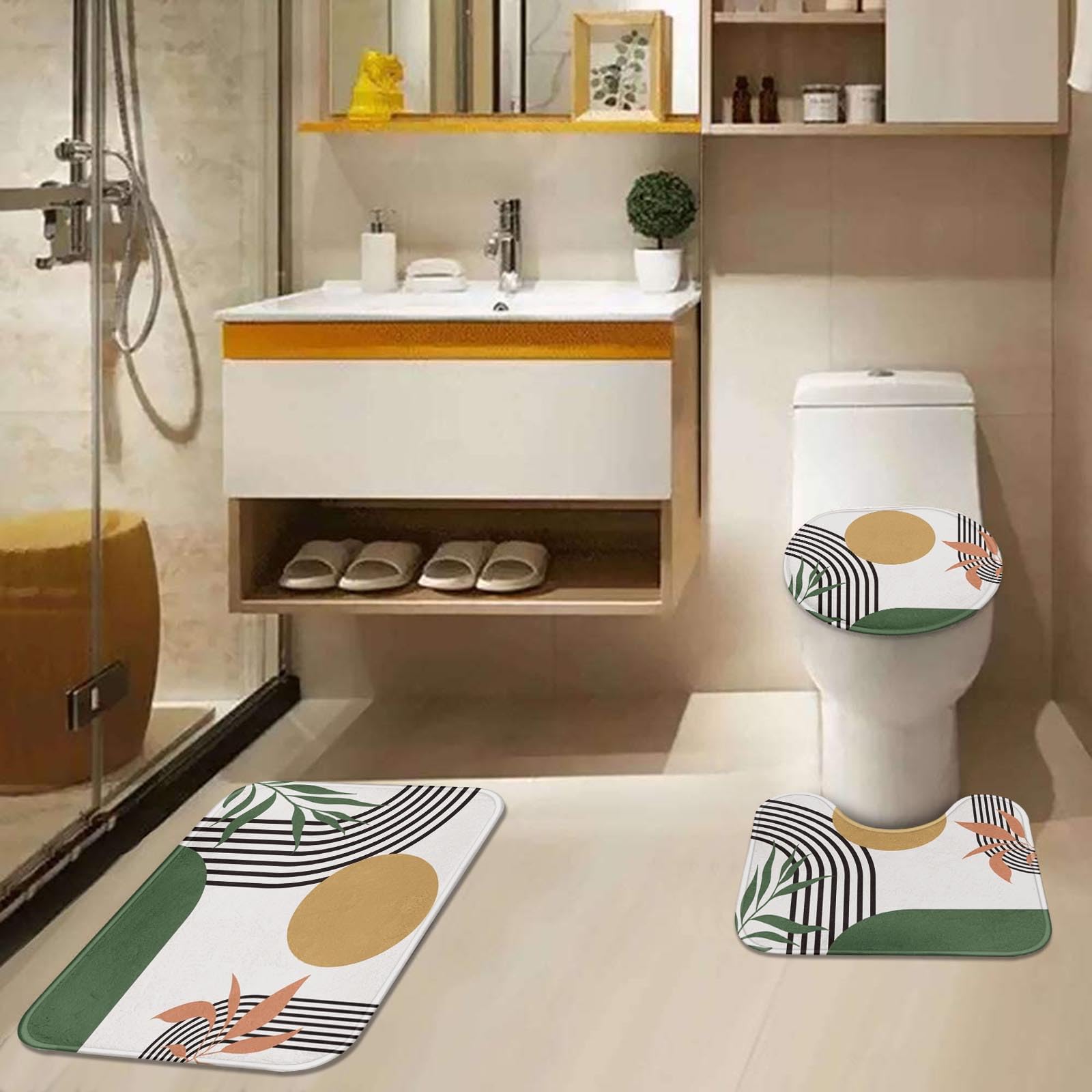 Tayney Boho Mid Century Shower Curtain Set With Toilet Lid Cover And Non-Slip Rugs, Abstract Green 4 Pcs Modern Minimalist Showe