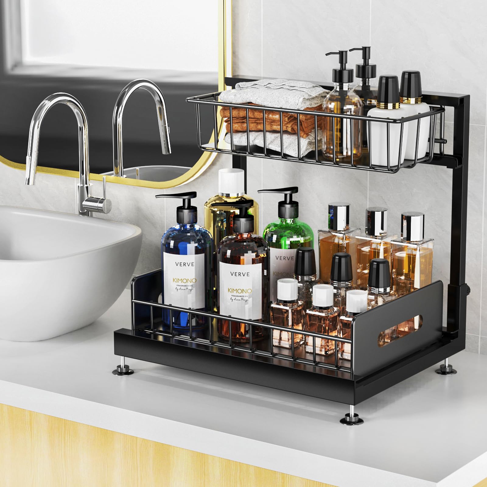 Under Sink Organizer And Storage,Pull Out Cabinet Organizer,2-Tier Slide Out Kitchen Basket Sink Shelf Cabinet Organizers,Adjust