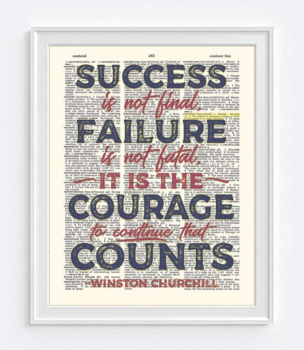 Success Is Not Final, Failure Is Not Fatal, Winston Churchill Quote Art Print, Unframed, Vintage Highlighted Dictionary Page Flo
