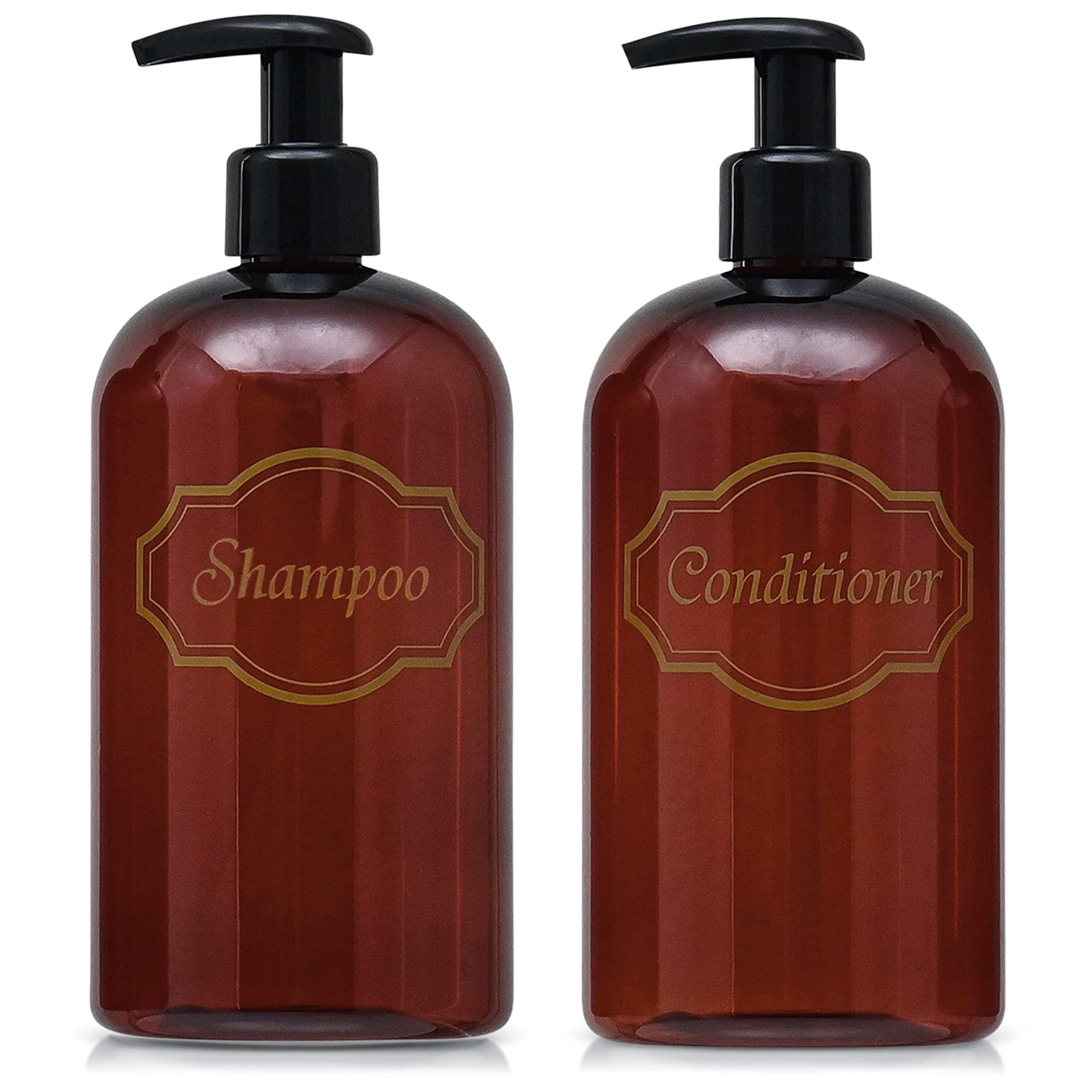 Bottiful Home-16 Oz Amber Shampoo And Conditioner Shower Soap Dispensers-2 Refillable Empty Pet Plastic Pump Bottle Shower Conta